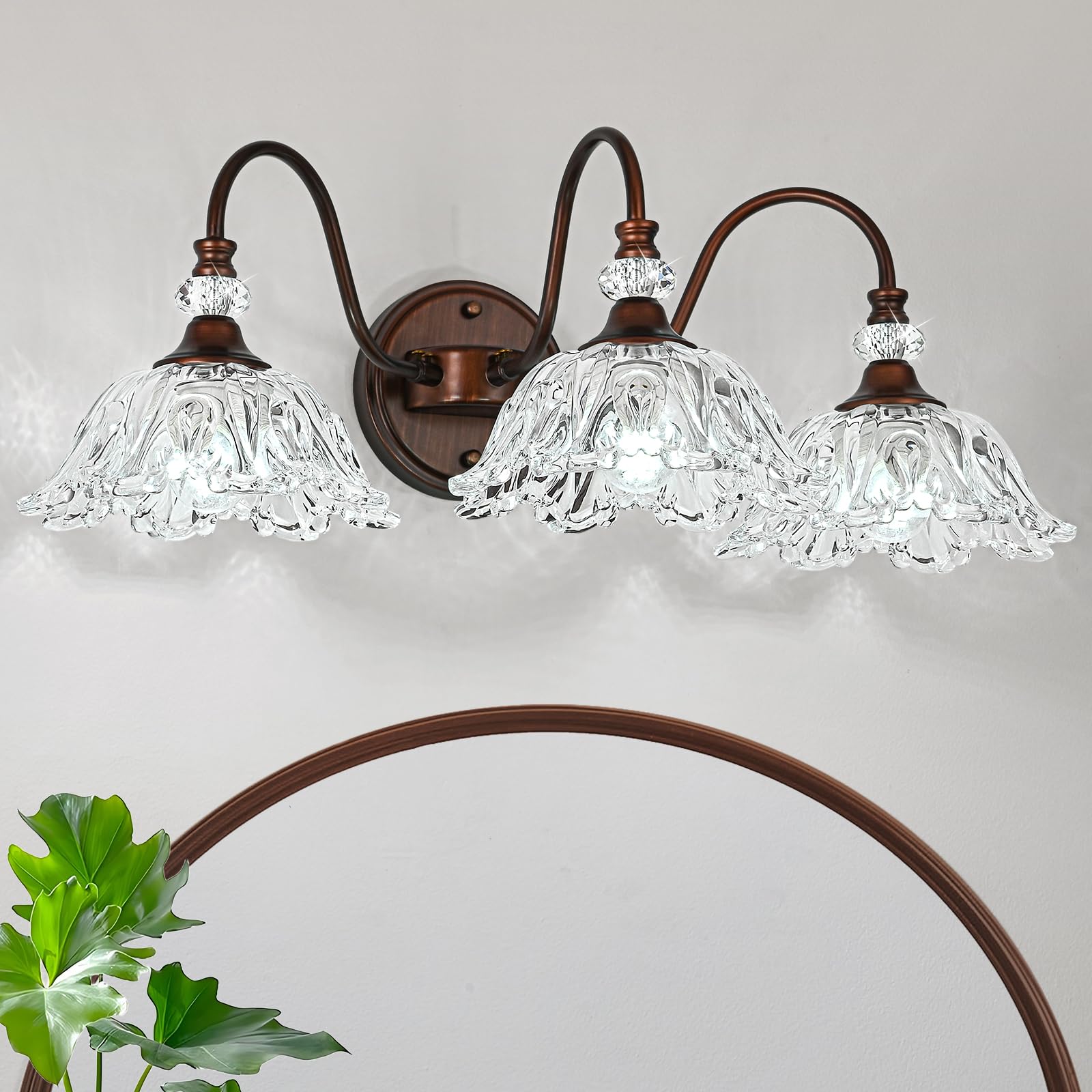 sunkryster 3-Light Vintage Bathroom Vanity Light, Oil-Rubbed Bronze with Floral Clear Glass Shades, Model Sun-104AB-3-ORB