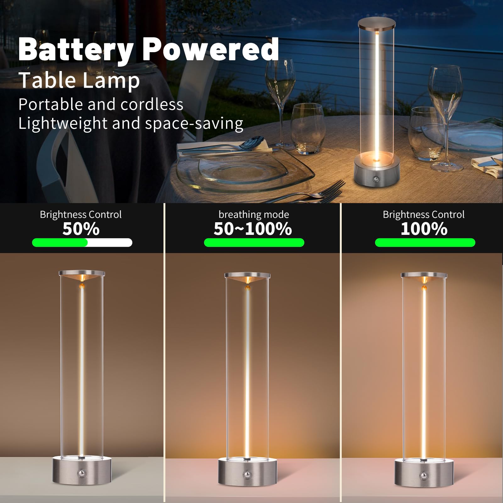 Baishezhuan Rechargeable Cordless Led Table Lamps Touch Sensor Light, 3-Levels Portable Dimming Wireless Battery Operated Lamp,N