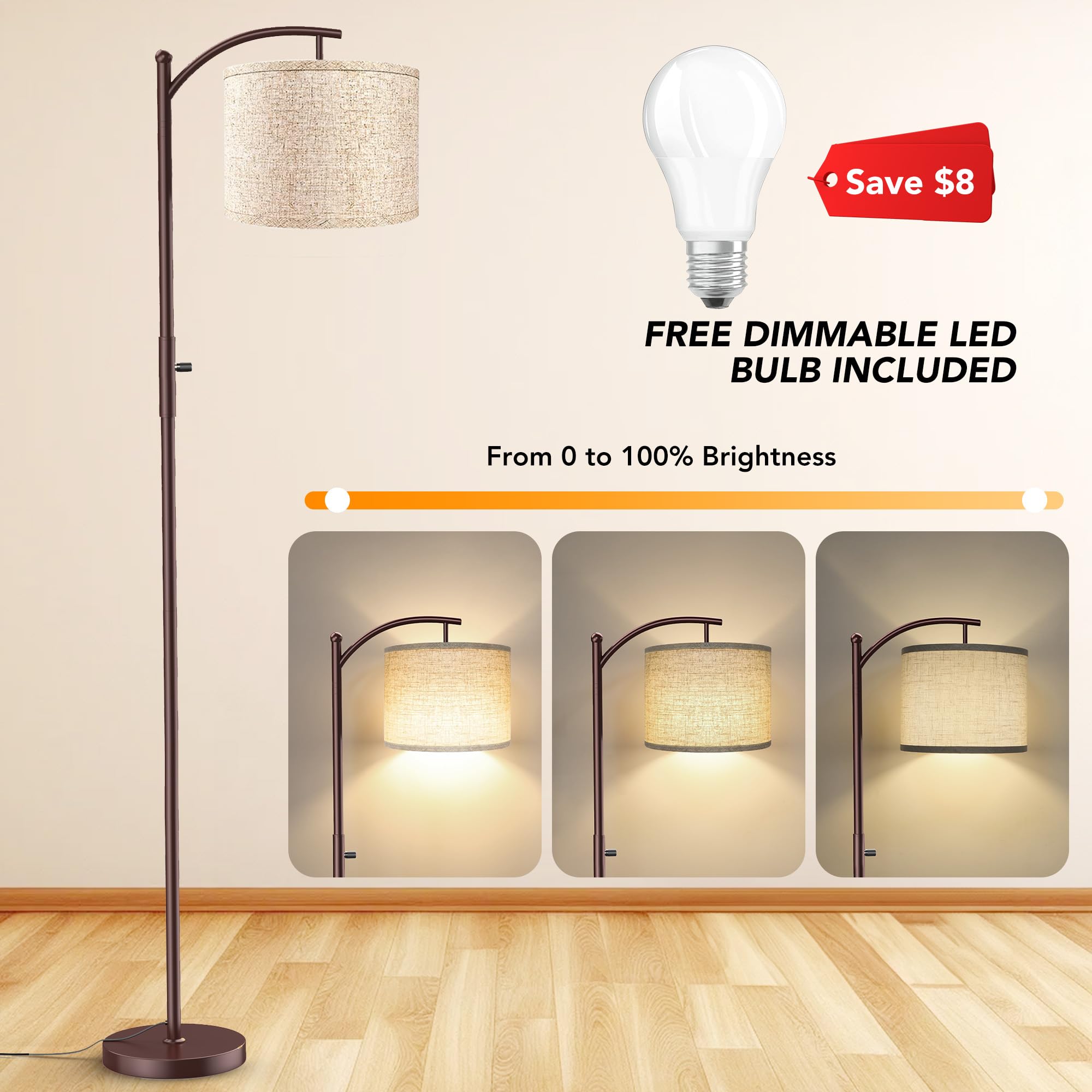 ROTTOGOON Dimmable Arc Floor Lamp, Iron Linen Shade, Tall Modern Design, Brown, Model ROFP089AZ1