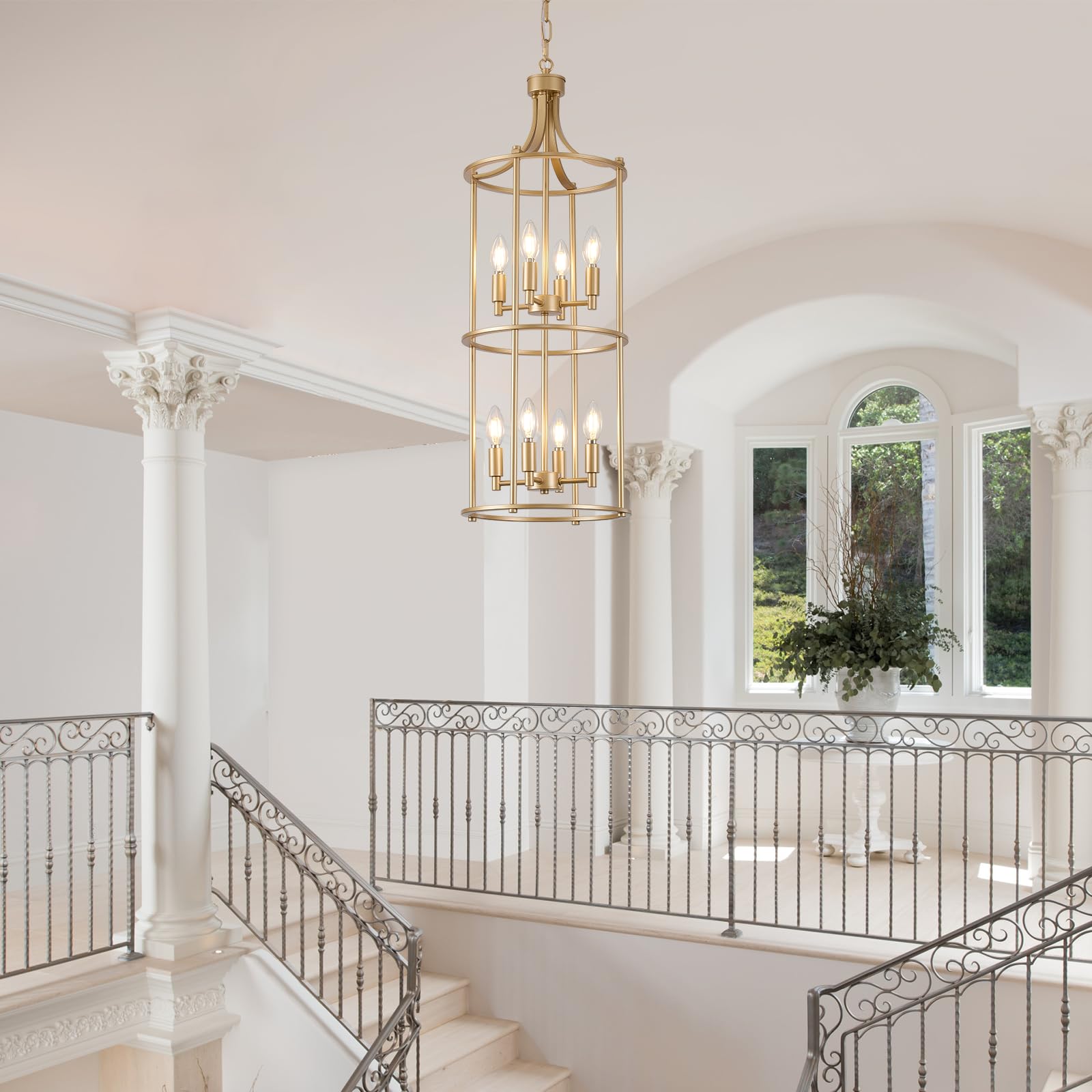 Miaybph Foyer Chandeliers For High Ceilings, Lantern Tiered Gold Chandelier Light Fixture Metal Modern Farmhouse Pendant Lights