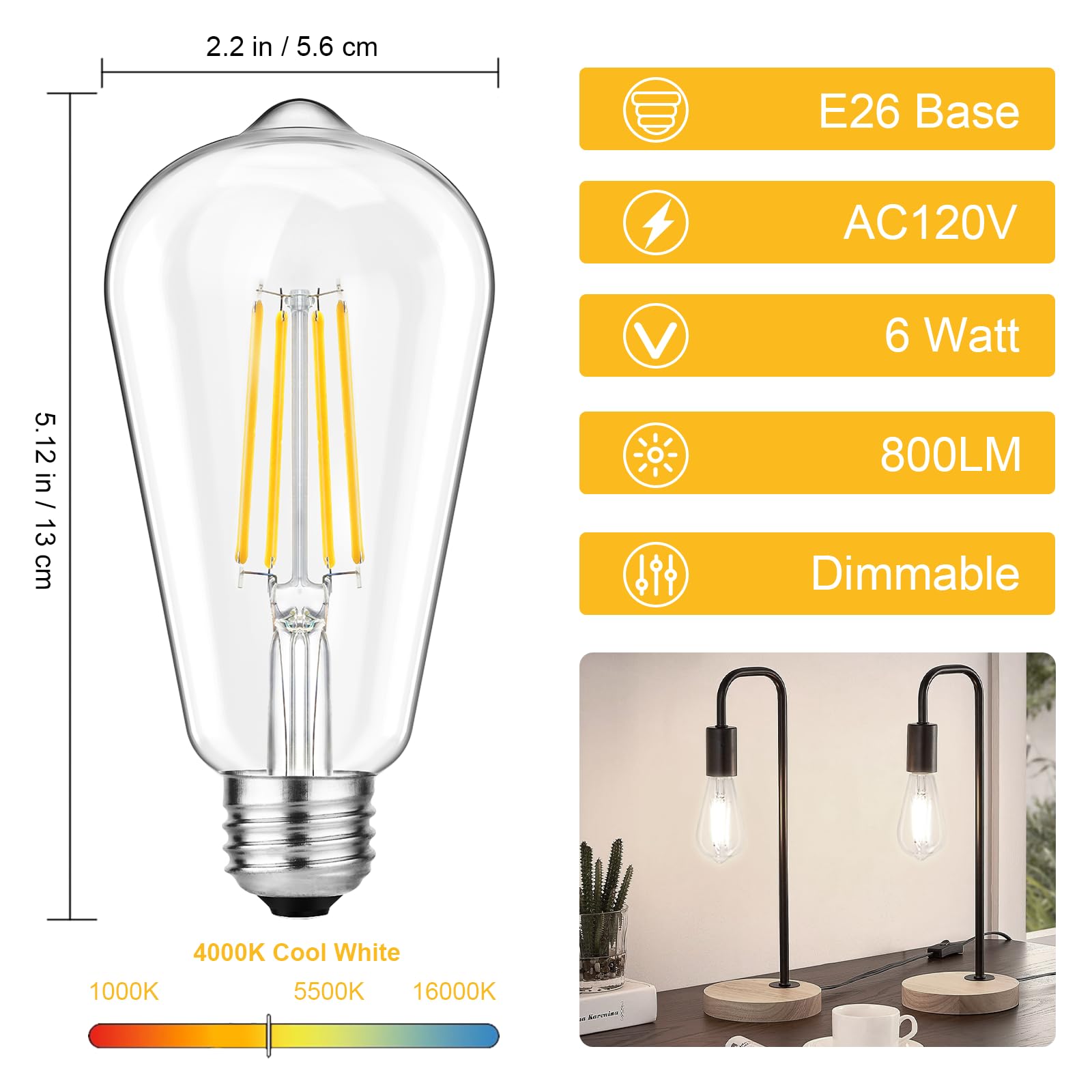 Svater Vintage Led Edison Light Bulb 60W Equivalent, Decorative Antique Filament Light Bulbs With 85+ Cri, Neutral White 4000K,