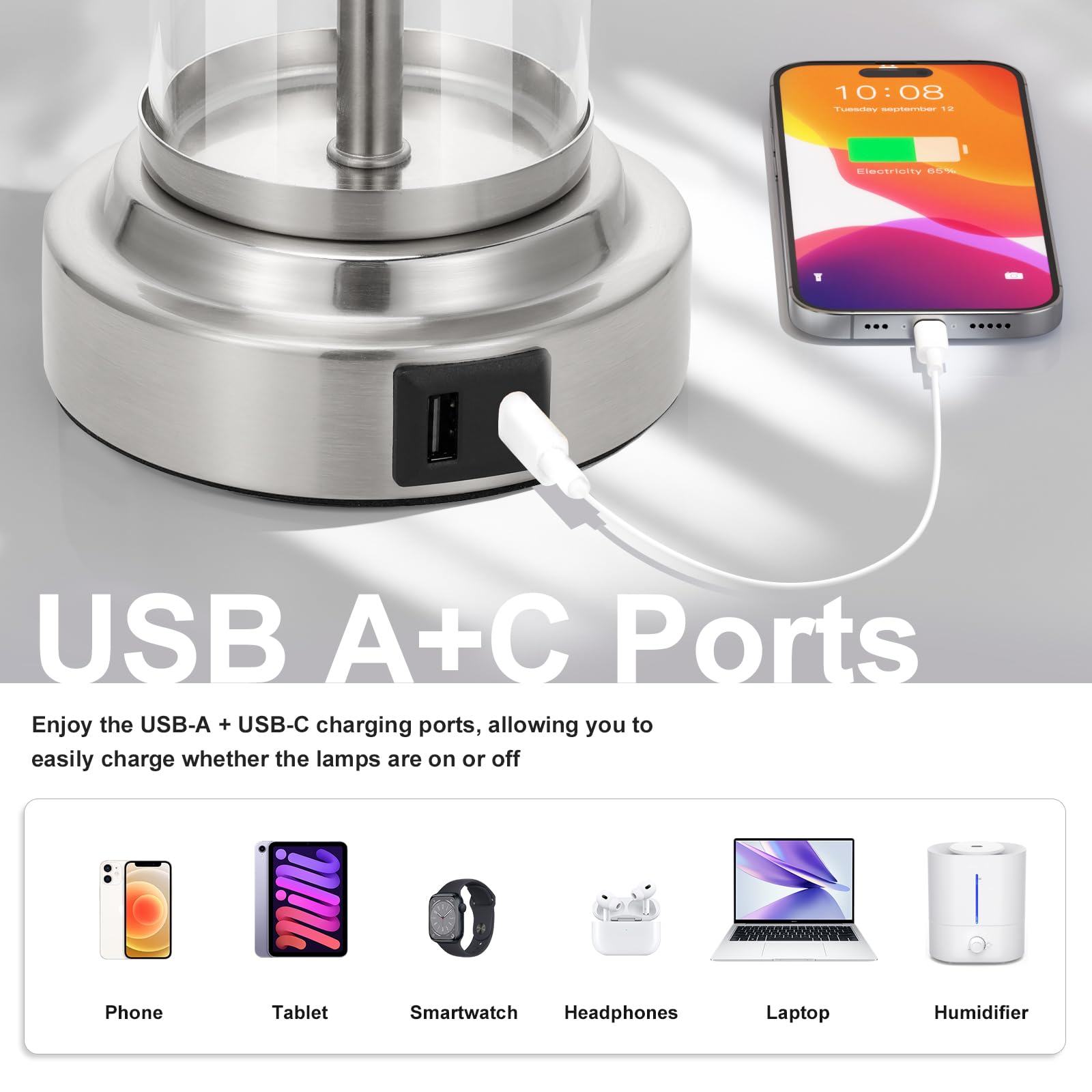 Nickel Bedroom Lamps Set Of 2 - Touch Bedside Lamp For Night Stands With Usb C+A, 3 Way Dimmable Nightstand Table Lamps For Livi