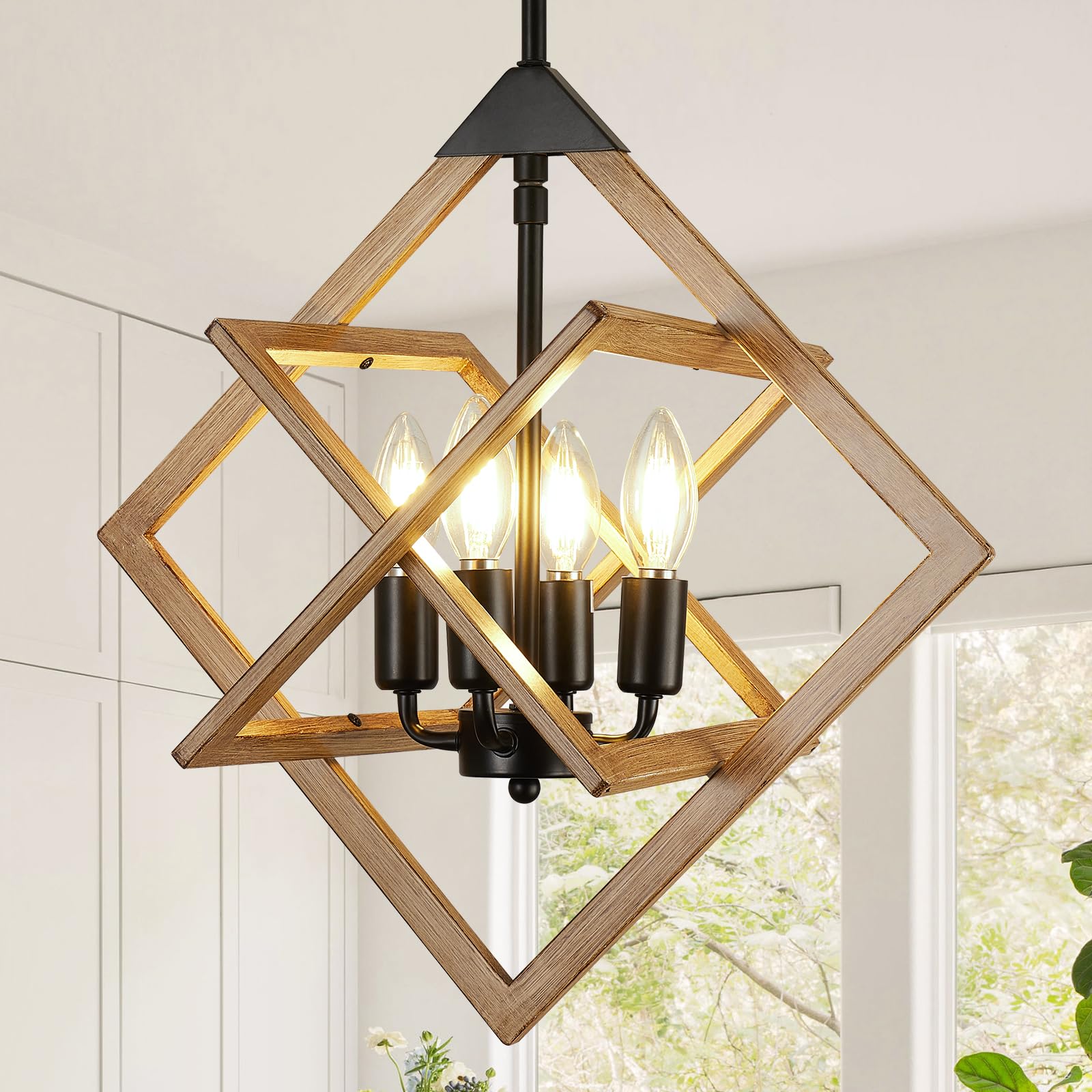 18 Modern Pendant Lights Kitchen Island  4-Light Black + Wood Grain Farmhouse Pendant Light Fixtures  Industrial Hanging Pendant Lights Fixture for Kitchen Island Dining Room Hallway Foyer Entryway