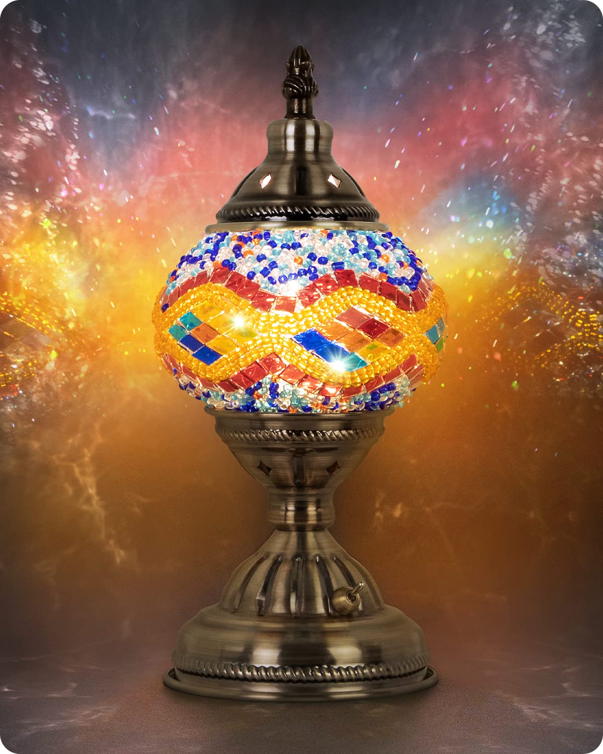 Yarra-Decor Turkish Moroccan Lamp - Handmade Tiffany Mosaic Glass, Bronze Base, Rechargeable 2000mAh Battery, Portable Bedside, Orange 2