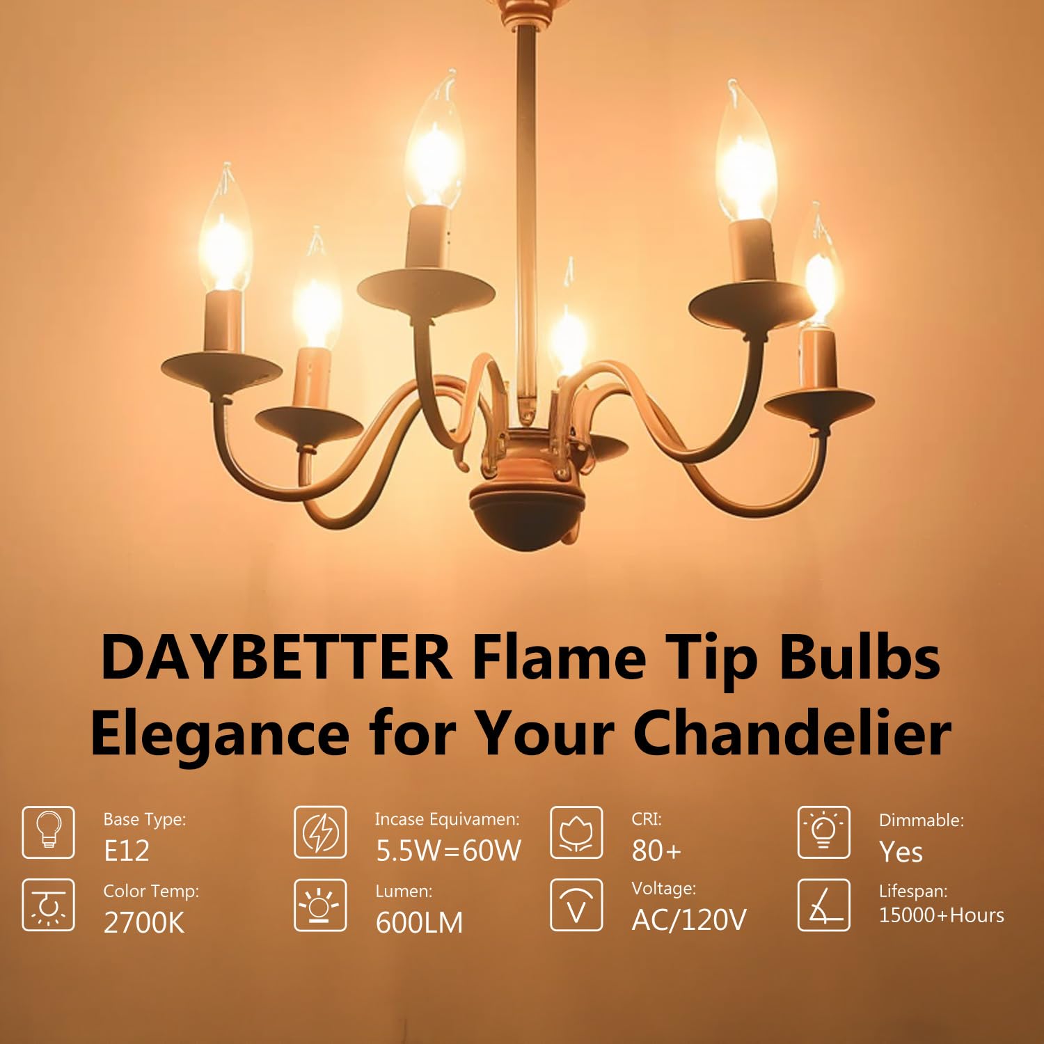 Daybetter 6 Pack Dimmable Candelabra Light Bulbs, Flame Tip Vintage Led Candle Bulbs, E12 Small Base, 60 Watt Equivalent, 2700K