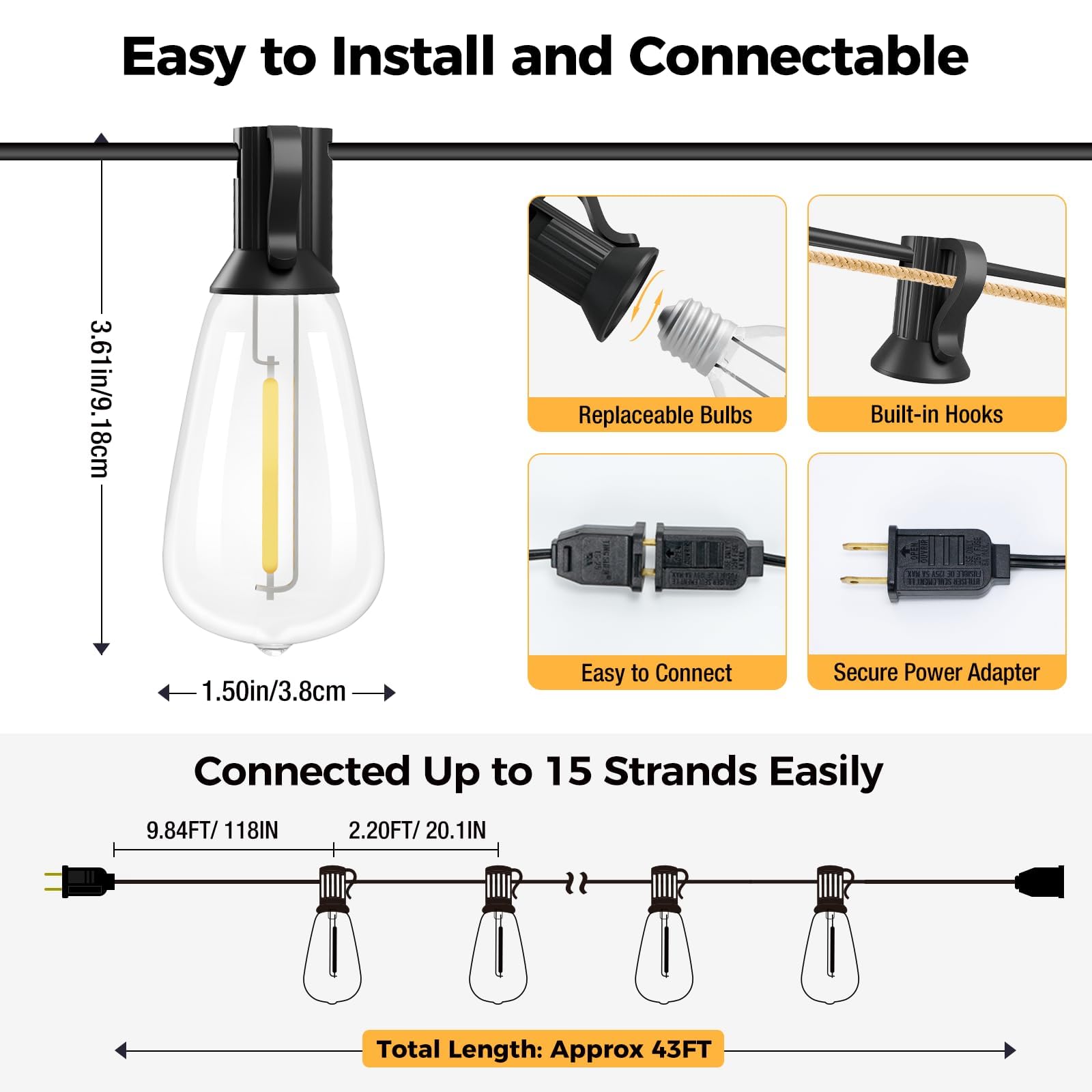 Litogo 42Ft Led Outdoor String Lights, Waterproof Warm White Patio Lights With St38 Vintage Edison Bulbs, Model Lg01Zz01