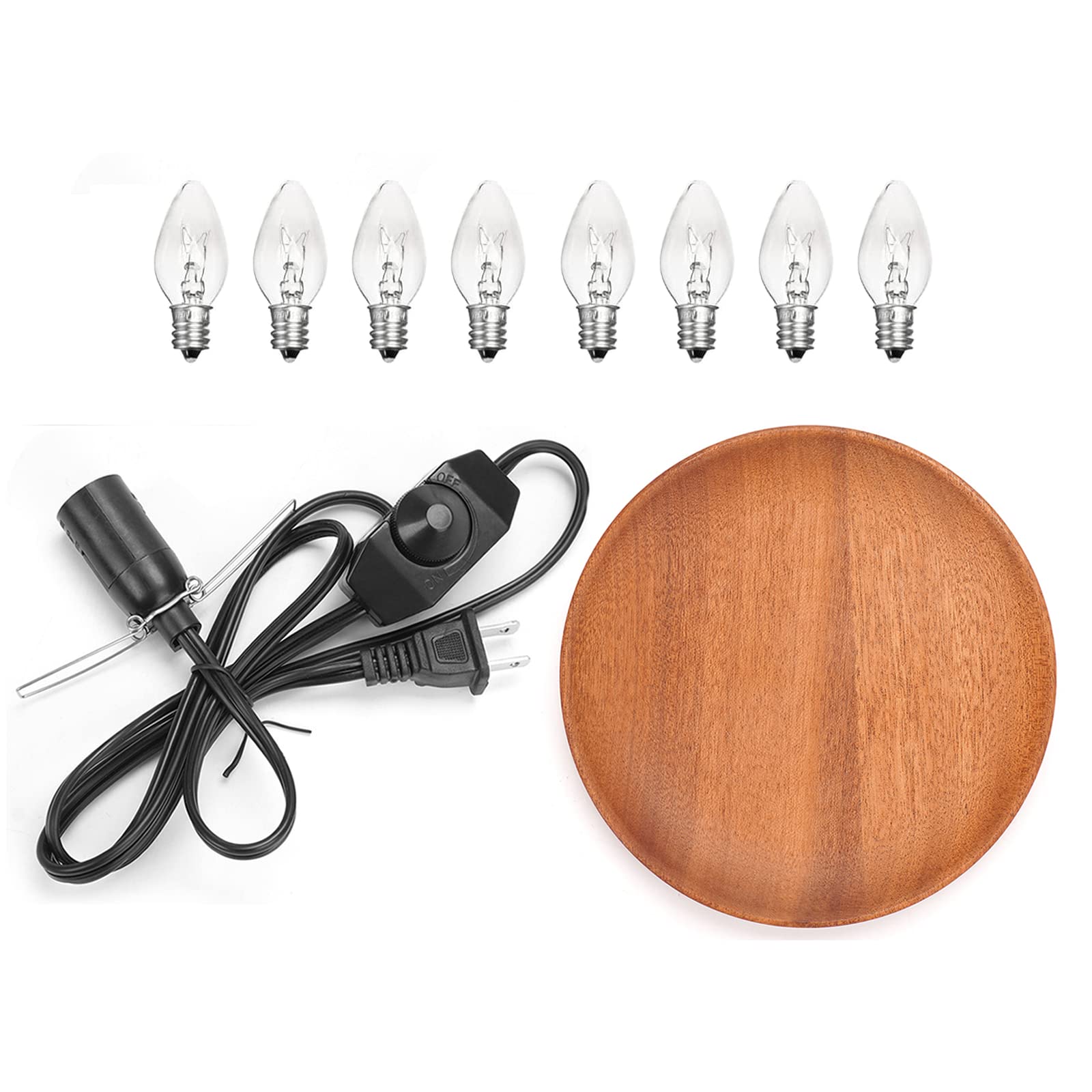 OHLGT Salt Lamp Cord Replacement with Wooden Tray & 8 E12 Halogen Bulbs, Plastic, A Type Clip Socket, Model Cord&Plate-A1