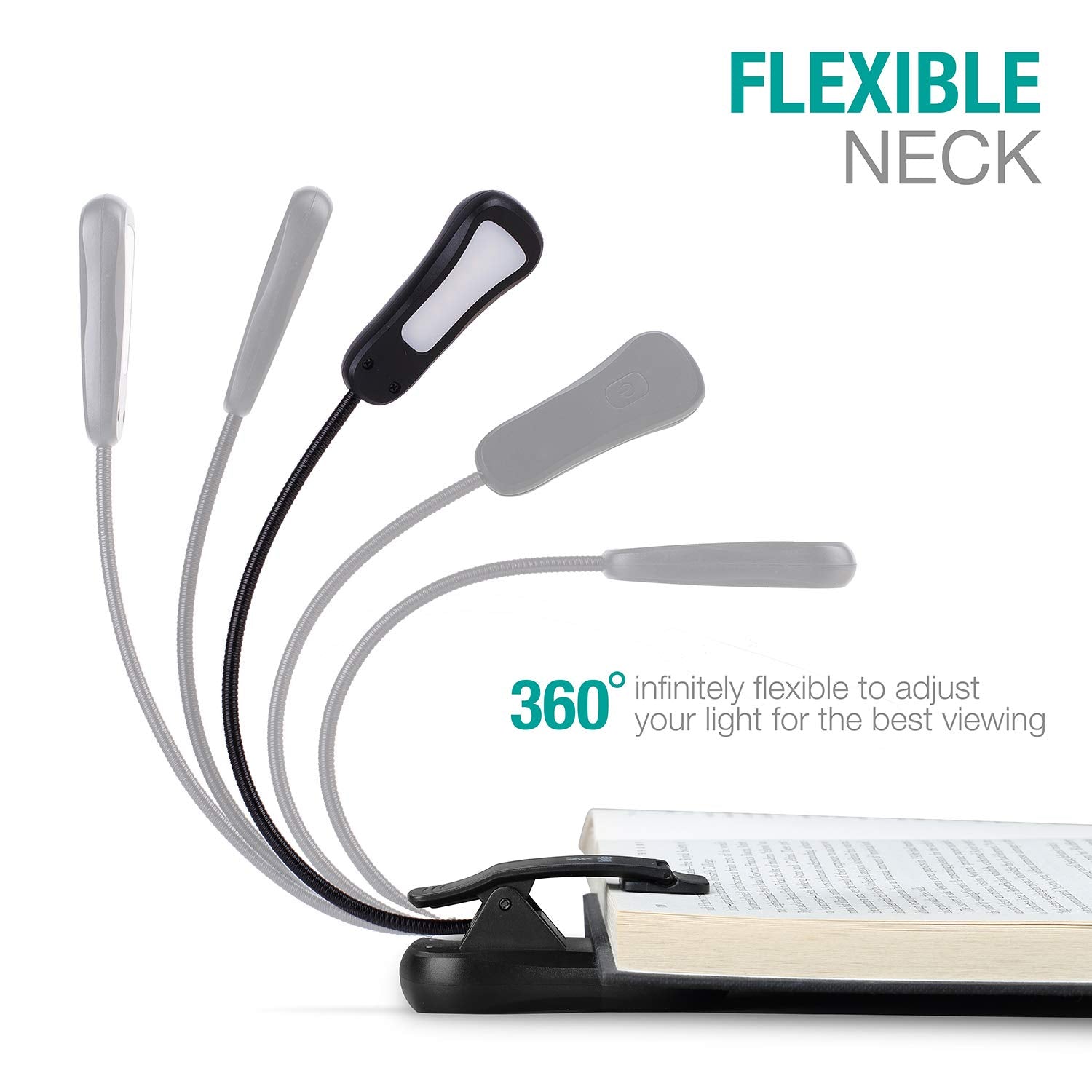 Vekkia BK-07 Rechargeable Book Light Set, Black Clip-On Reading Light with 3 Brightness Levels, Eye-Care LED, Includes Travel Case & Charger