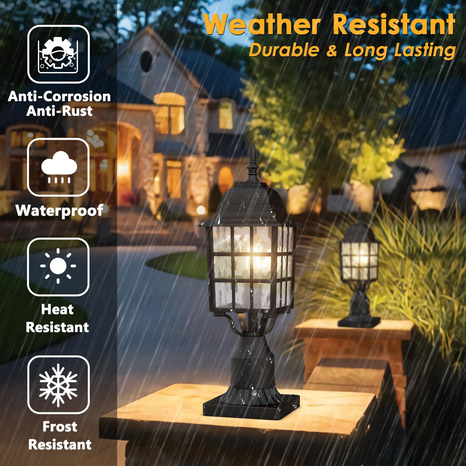 Aoceley Dusk To Dawn Outdoor Post Light, Black Aluminum Lantern With Water Ripple Glass