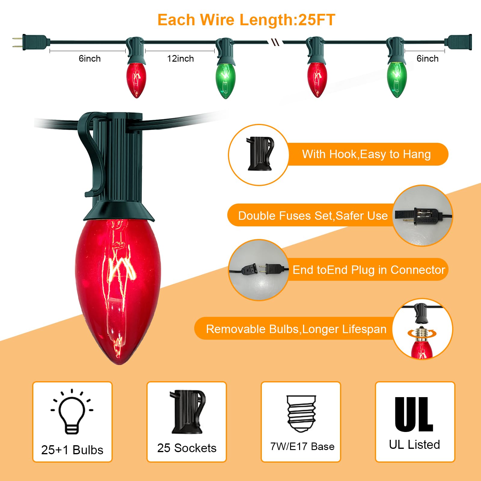 C9 Christmas Lights Outdoor, 25Ft Red And Green Vintage Christmas String Lights With 26 C9 Clear Red/Green Bulbs, Outdoor Hangin