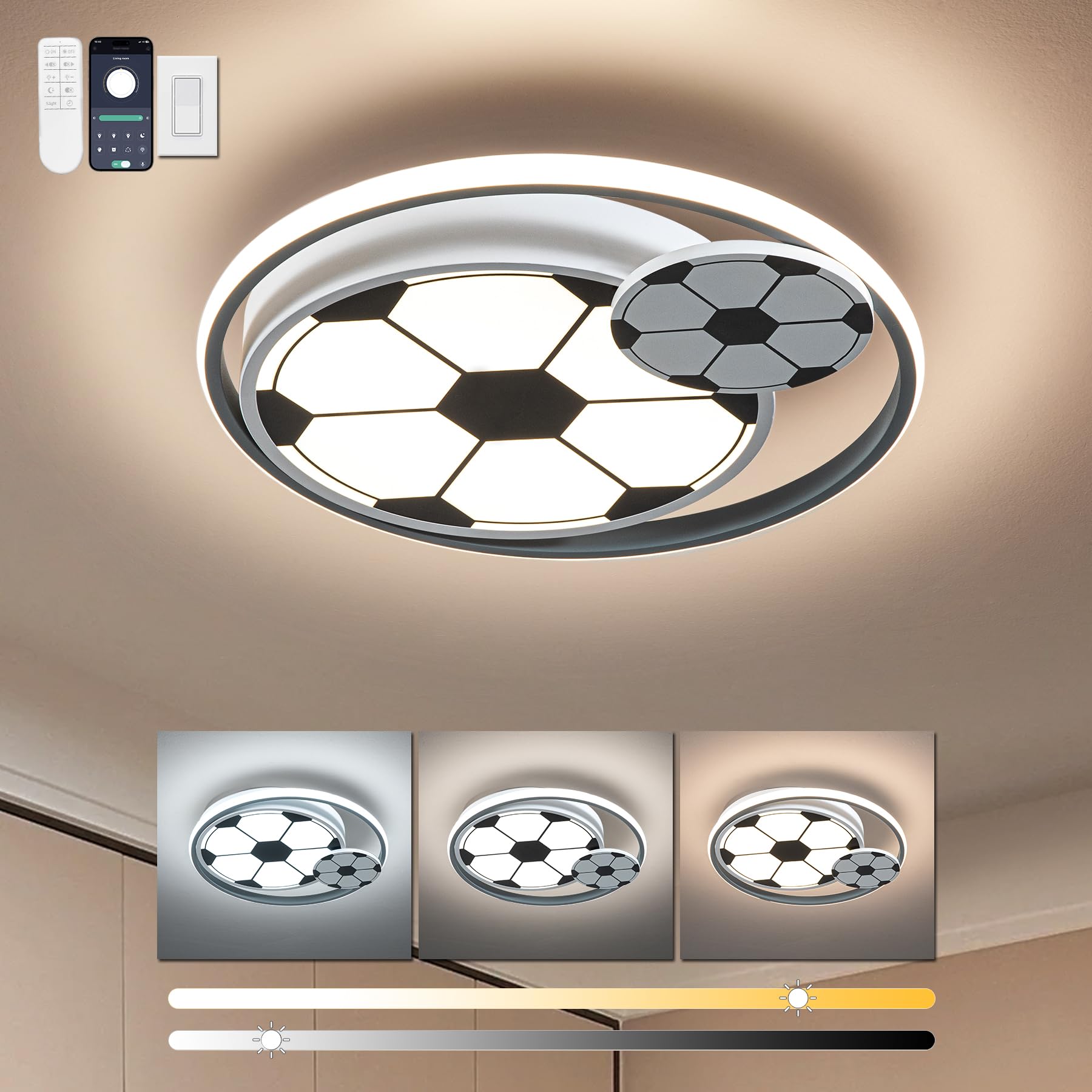 Shine LUEST Modern Ceiling Light LED Kids Room Ceiling Light for Bedroom Dimmable Soccer Flush Mount Ceiling Light with Remote C