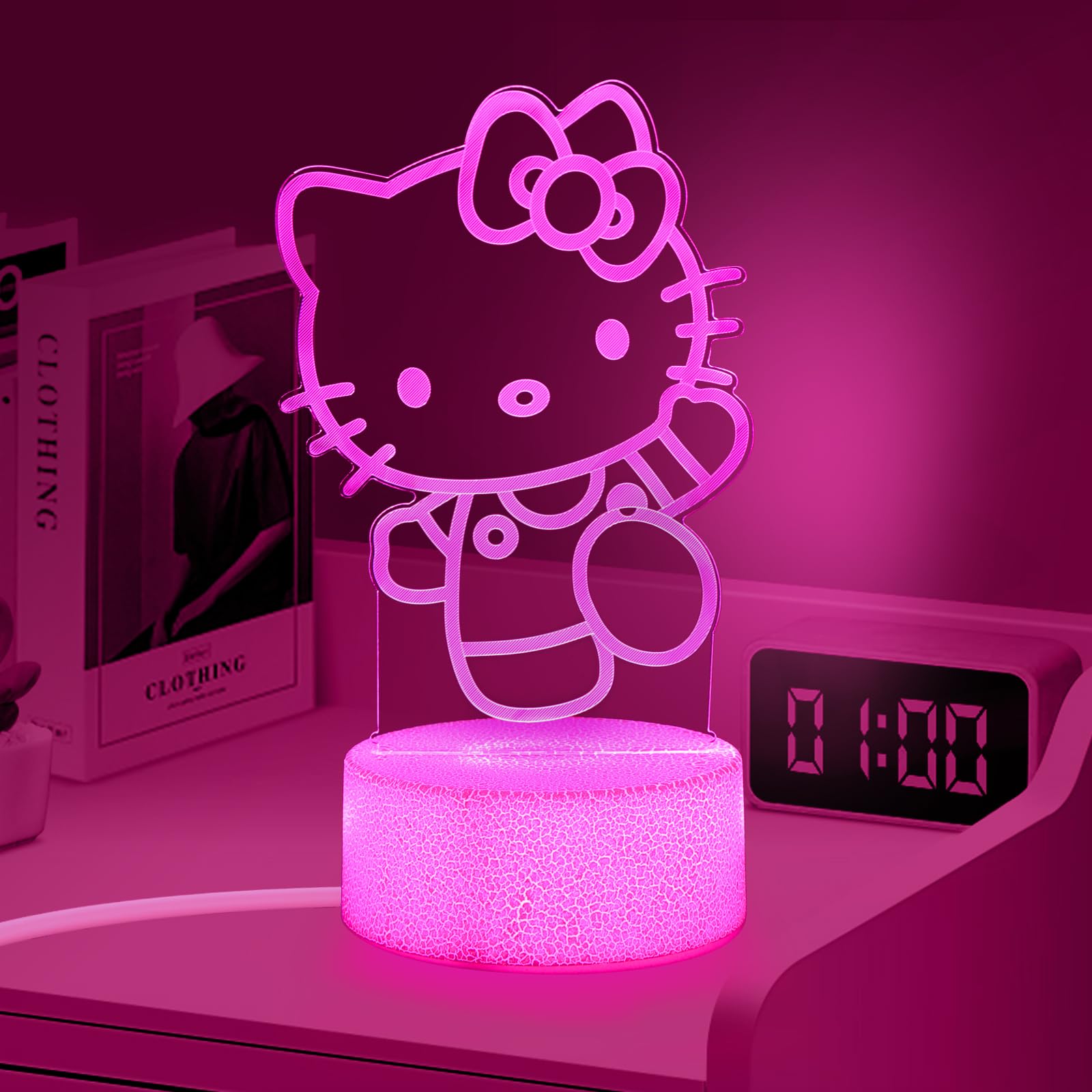 sunduck Pink Kawaii Kitty 3D Night Light - Corded Control, Unique Gift for Kids, Dreamy Room Decor, Model: pink03