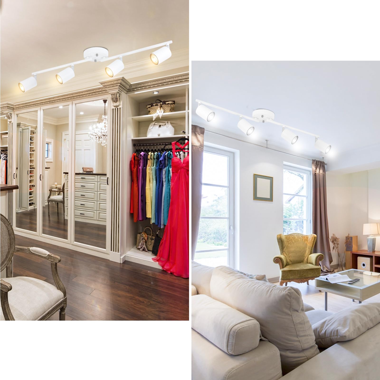 Boostarea Led 4 Light Track Lighting Kit, White 4 Way Ceiling Spot Lighting, Flexibly Rotatable Light Head For Kitchen, Living R