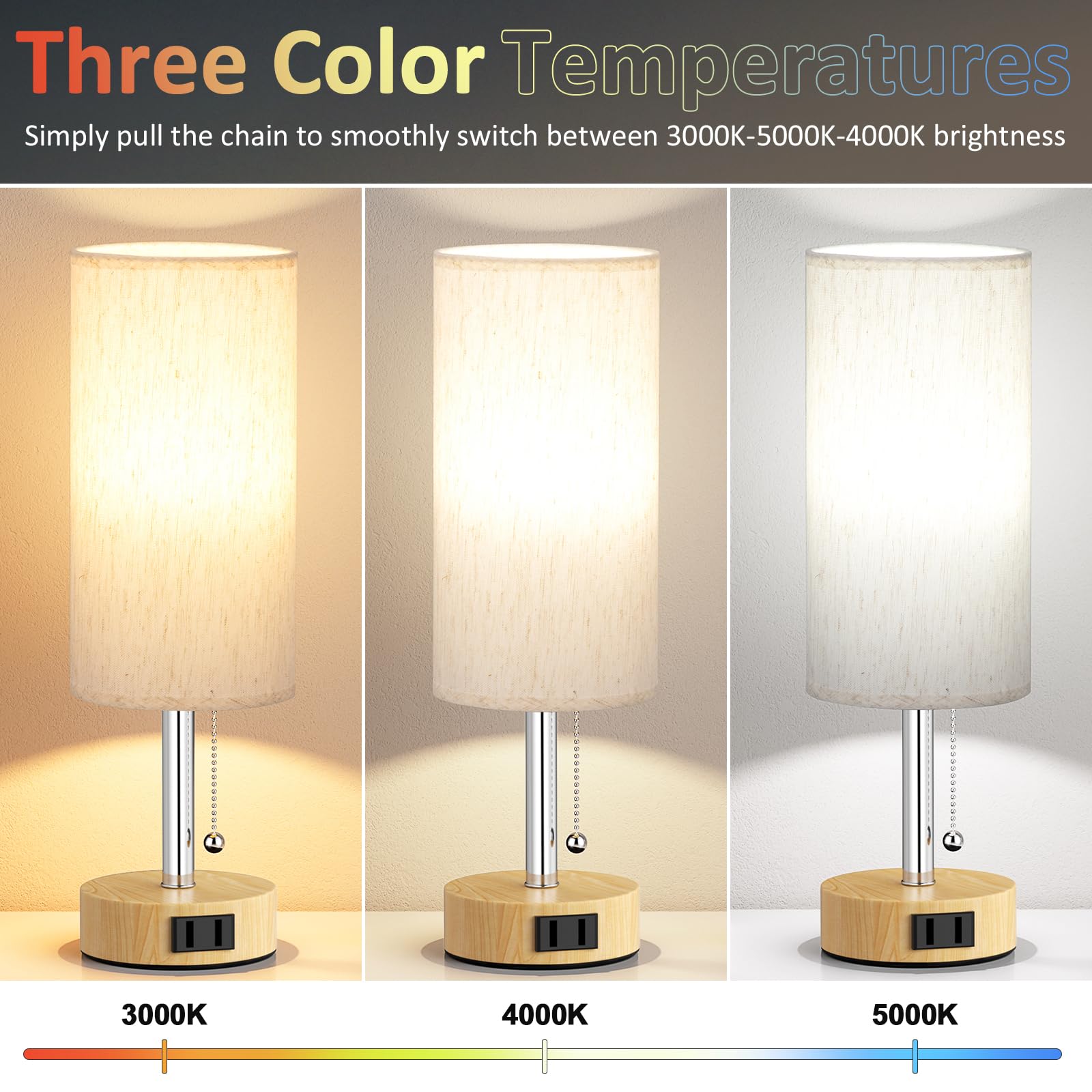 Fenmzee Wood Grain Bedside Table Lamps Set Of 2-3 Color Temperatures Pull Chain Lamp With Ac Outlet Charging Port, Round Night S