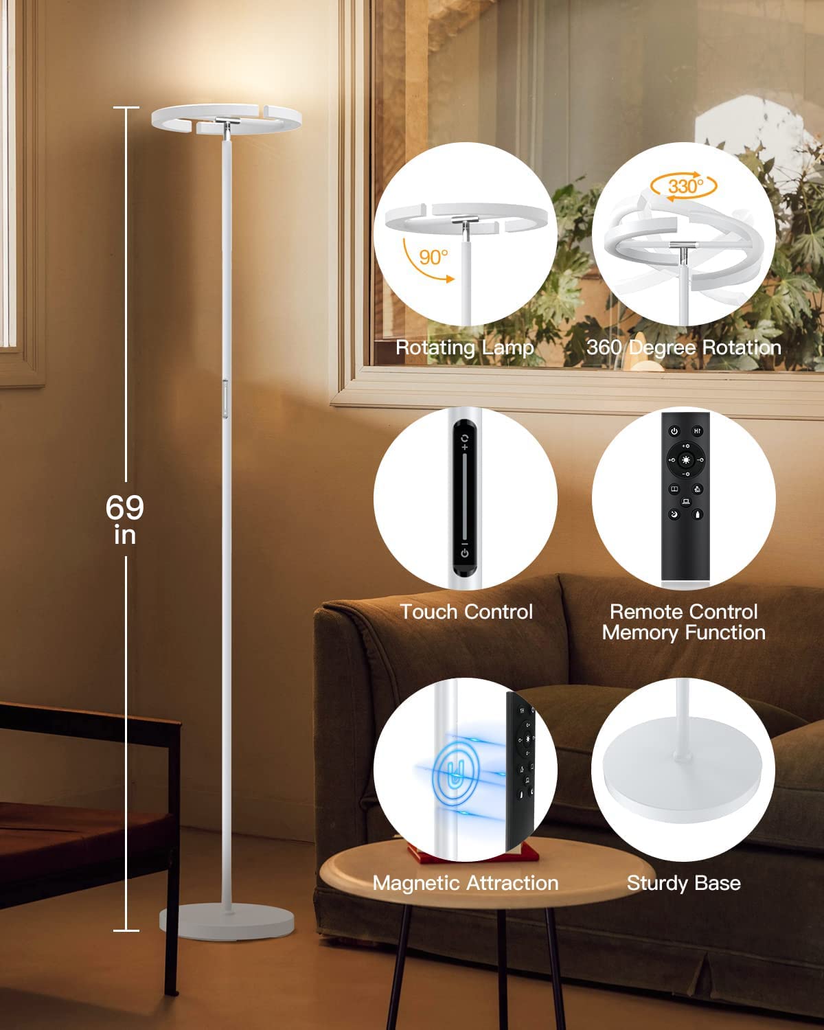SIBRILLE White Floor Lamp, Modern 20W LED, Stepless Dimmable, Touch & Remote Control, Model H101107