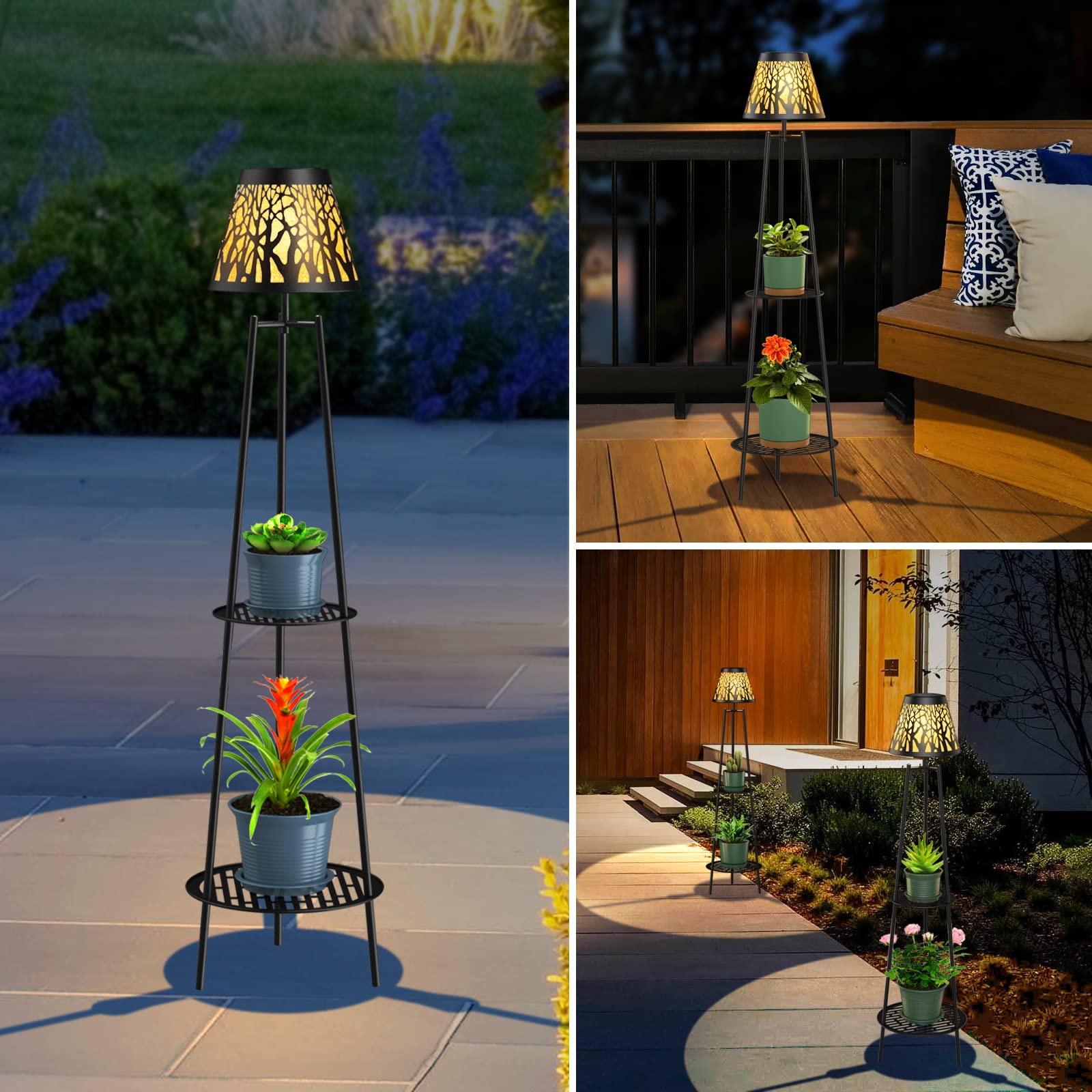 2 Pack Metal Solar Floor Lights Outdoor With Plant Stands, 45.5'' Solar Powered Street Lights, For Garden Yard Pathway Driveway