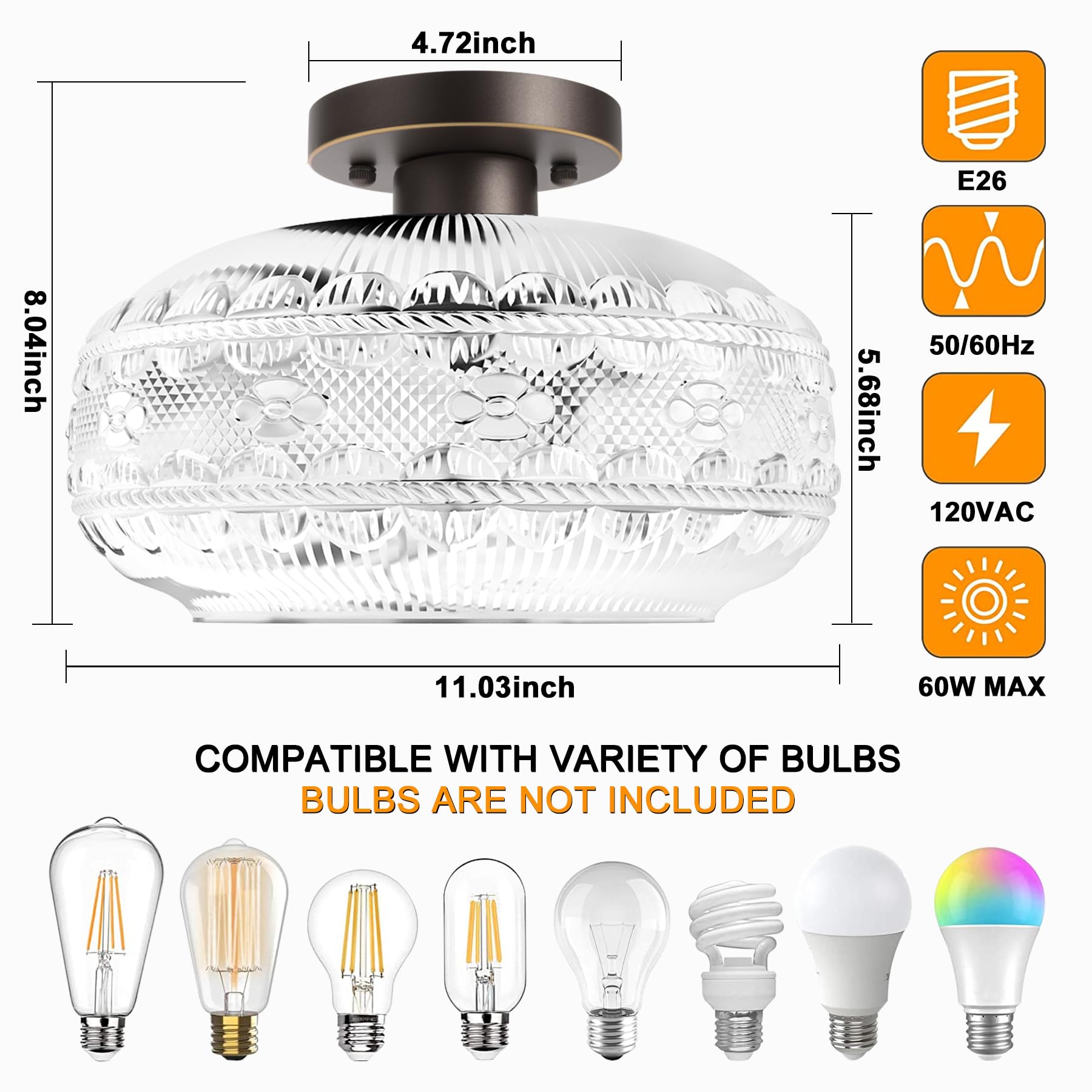 Apoto 11'' Large Semi Flush Mount Ceiling Light,Oil Rubbed Bronze Globe Glass Light Fixture,Vintage Hallway Light Fixture,Close