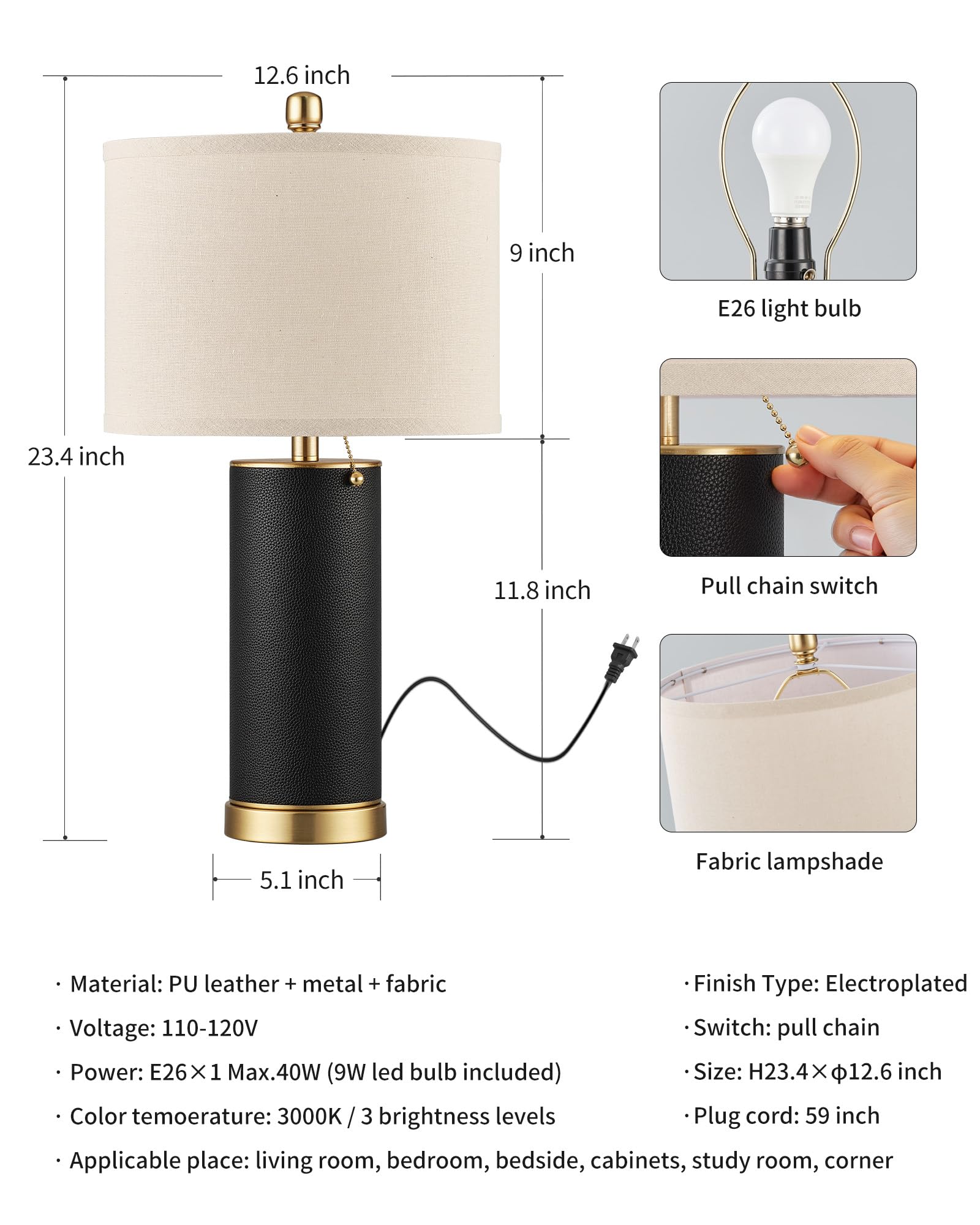 KDG 23.4" Black PU Leather Table Lamps Set of 2, LED, 3 Level Brightness, Fabric Lampshade, Modern Design for Living Room, Bedroom, Nightstand