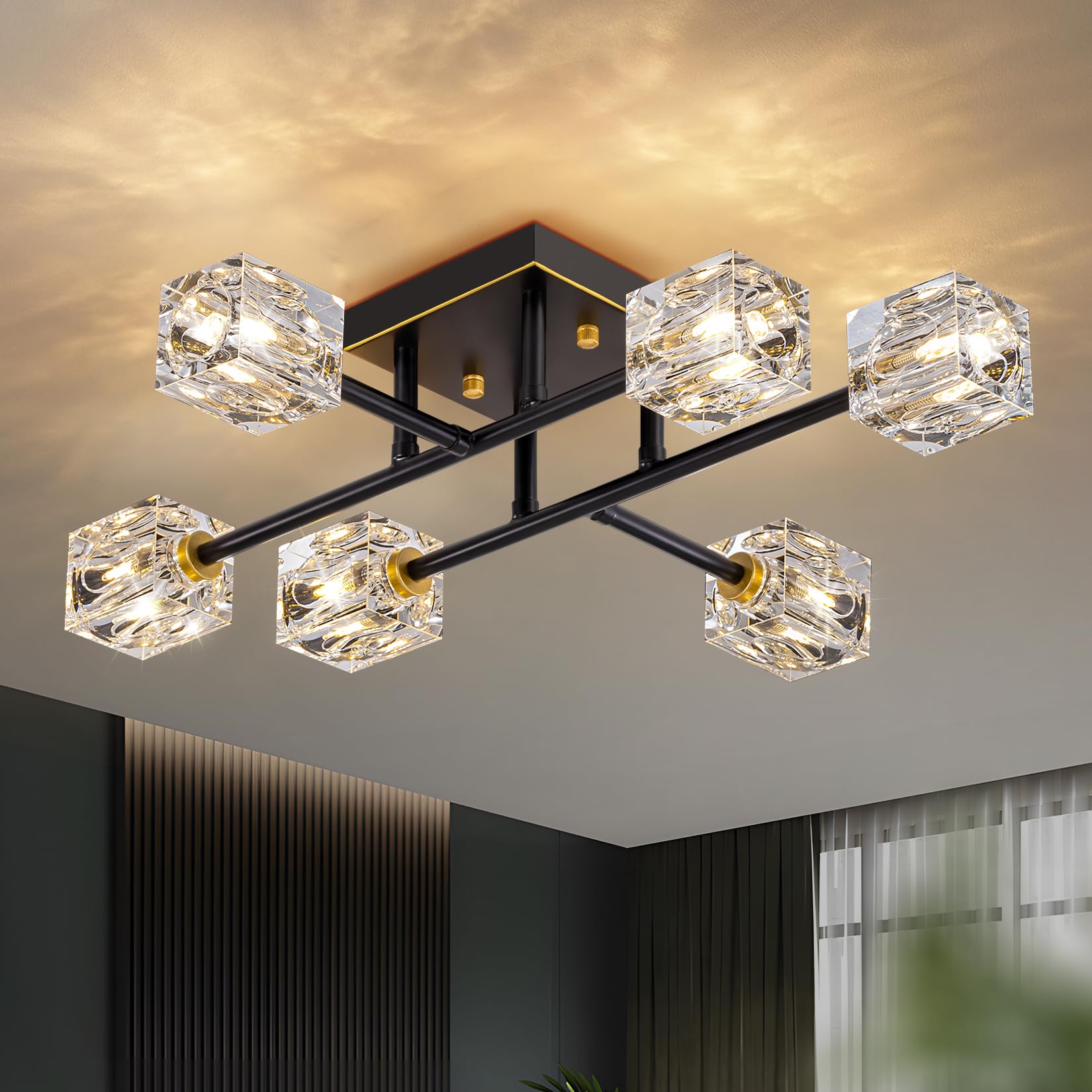 Semi Flush Mount Ceiling Light Fixture 6-Light Modern Crystal Chandeliers Black And Gold Farmhouse Lighting Fixtures For Dining Room Living Room Kitchen Bedroom Entryway