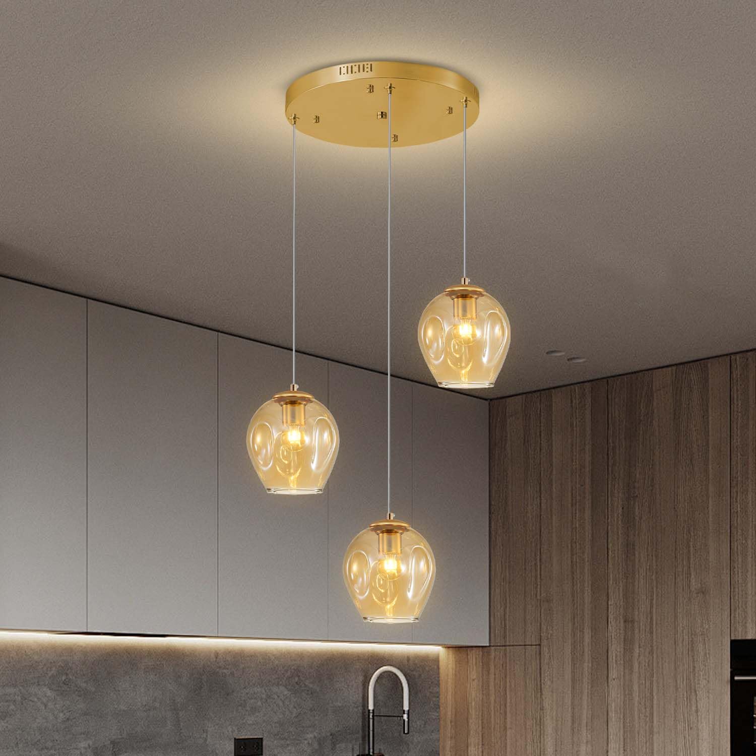 3-Light Gold Chandelier With Led Bulbs & Amber Glass Shade Ceiling Light Pendant Light For Kitchen Island, Dining Room, Living R