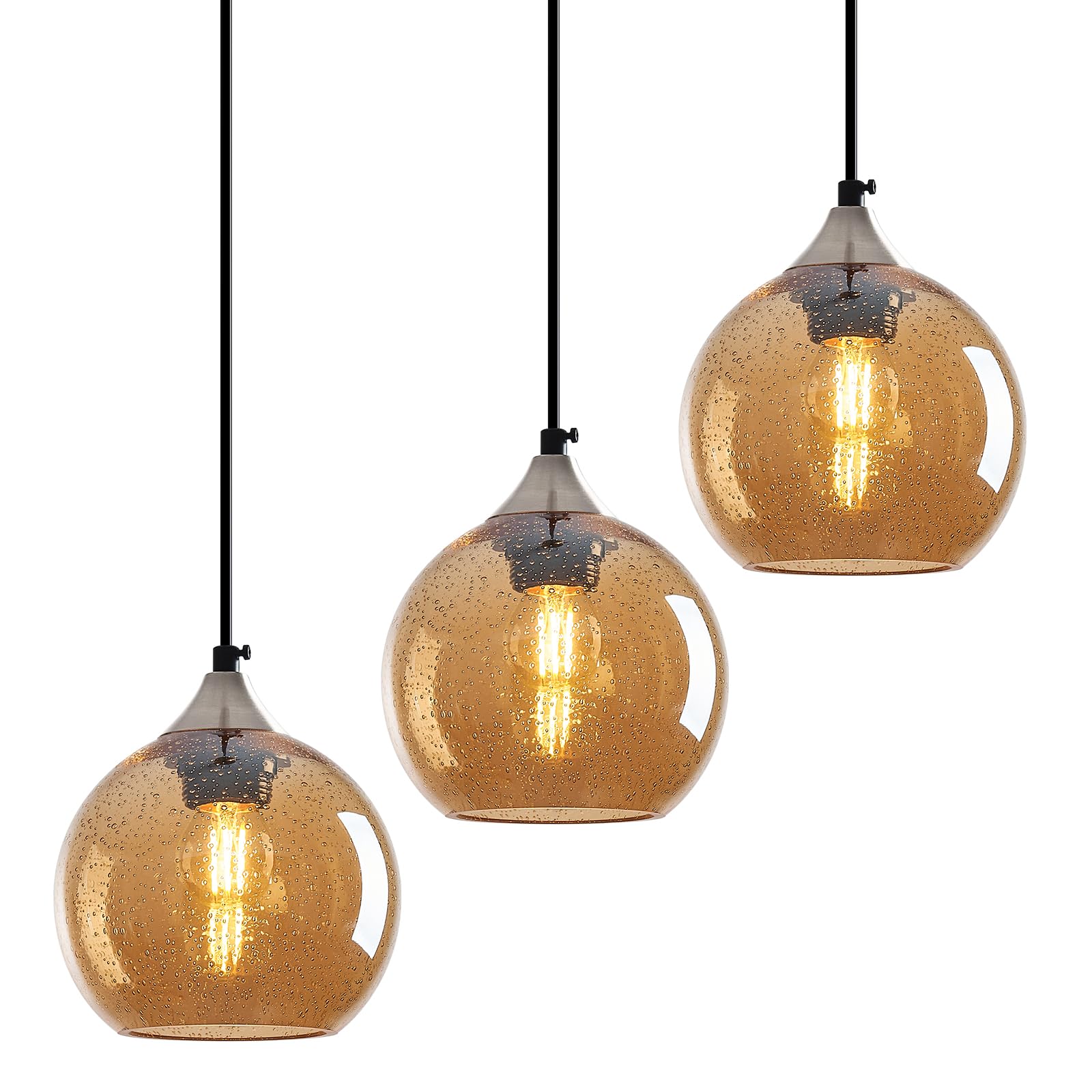 Lbsqj Amber Glass Pendant Lights Kitchen Island Globe Pendant Light Fixtures Modern Pendant Lighting For Bedroom Living Dining Room Light Fixture (5.9 In  3 Pack)