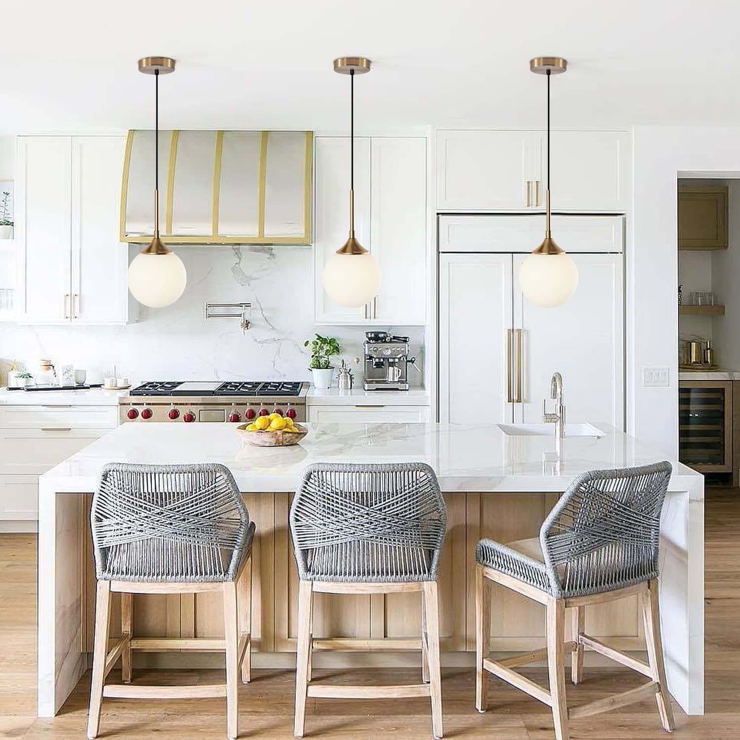 KCO Mid Century Modern Glass Pendant Light 1-Light Brushed Brass Adjustable Ceiling Fixture White
