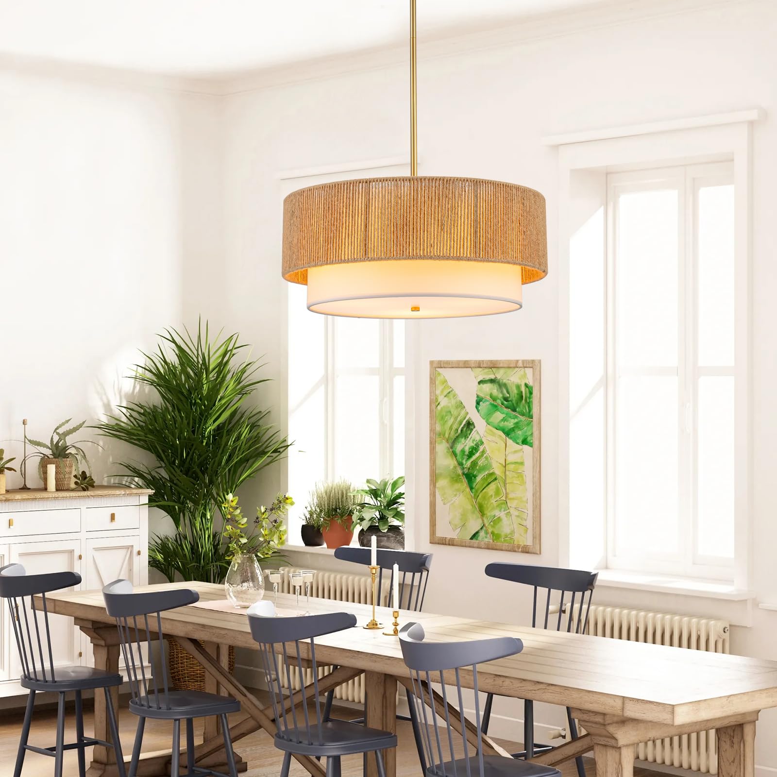 SineRise 18'' Rattan Chandelier, 3-Light Boho Pendant Light Fixture, Gold Fabric Shade for Dining Room, Bedroom, Kitchen and Hallway