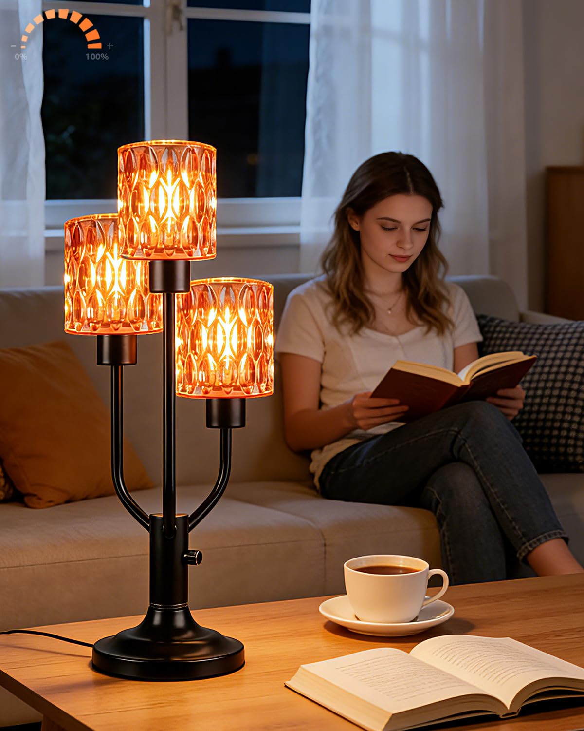 Lightdot Modern Glass Table Lamp Dimmable Mid Century 3-Light Black Desk Lamp with Rose Red Glass Shade& Bulb Included 3000K Warmwhite Nightstand Lamp for Bedroom Bedside End Table