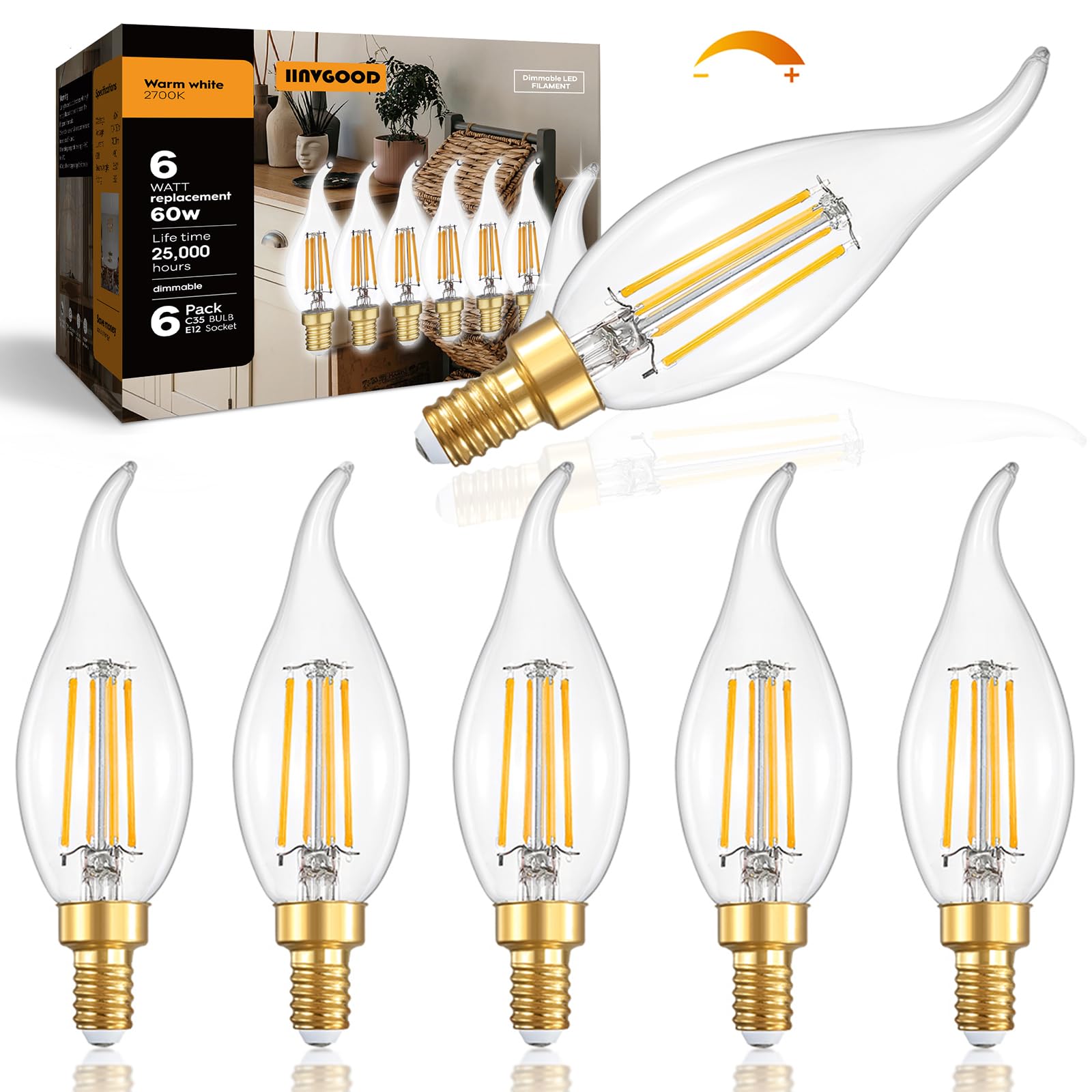 Iinvgood Dimmable Led Candelabra Bulbs 60 Watt Equivalent, 2700K Soft Warm White Chandelier Light Bulbs, 6W 700 Lumens Flame Tip