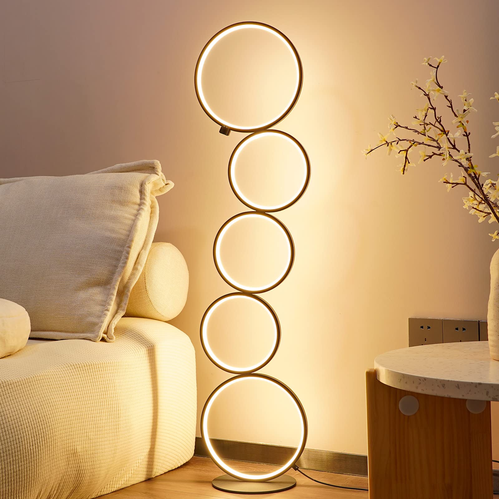 NUR 43.3'' Modern Floor Lamp, Ring Standing Lamp, Dimmable, Metallic Feel, Artistic Trendy Design, Energy-Saving, Touch Switch, 