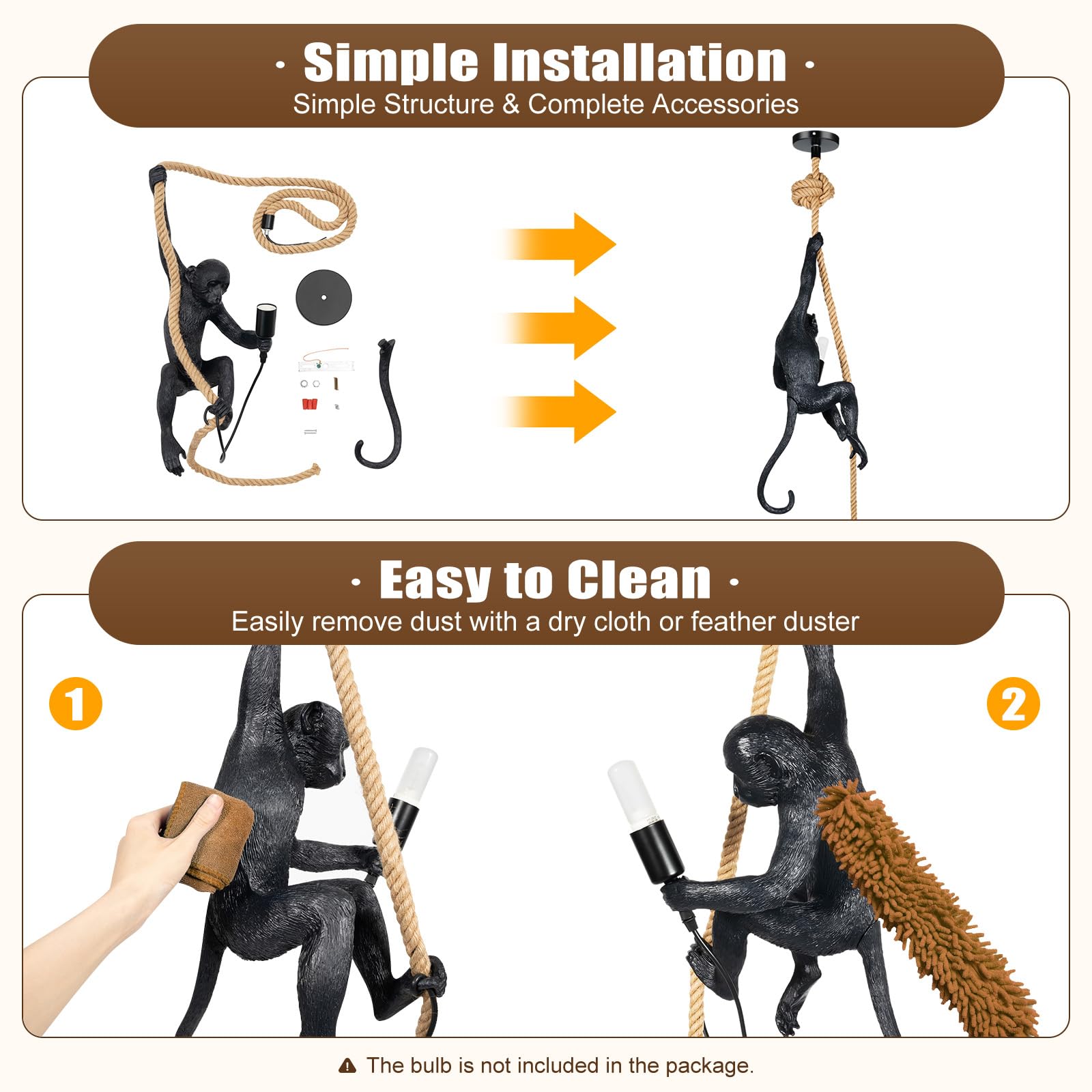 Huashuani Monkey Pendant Light, Vintage Resin Monkey Chandelier, Creative Monkey Shape E26 Hanging Light Fixture With Hemp Rope