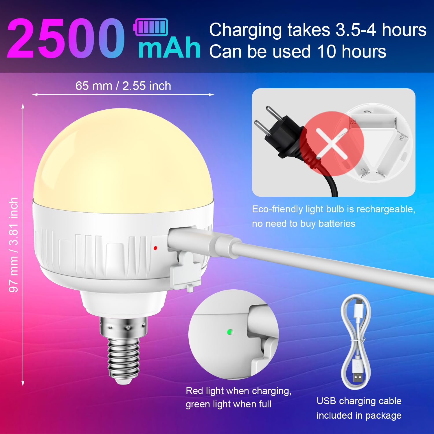 LGMCF Rechargeable LED Light Bulb - E12 6W 450LM, Dimmable, 15 Colors, Remote Control, 2500mAh Battery, 2-Pack