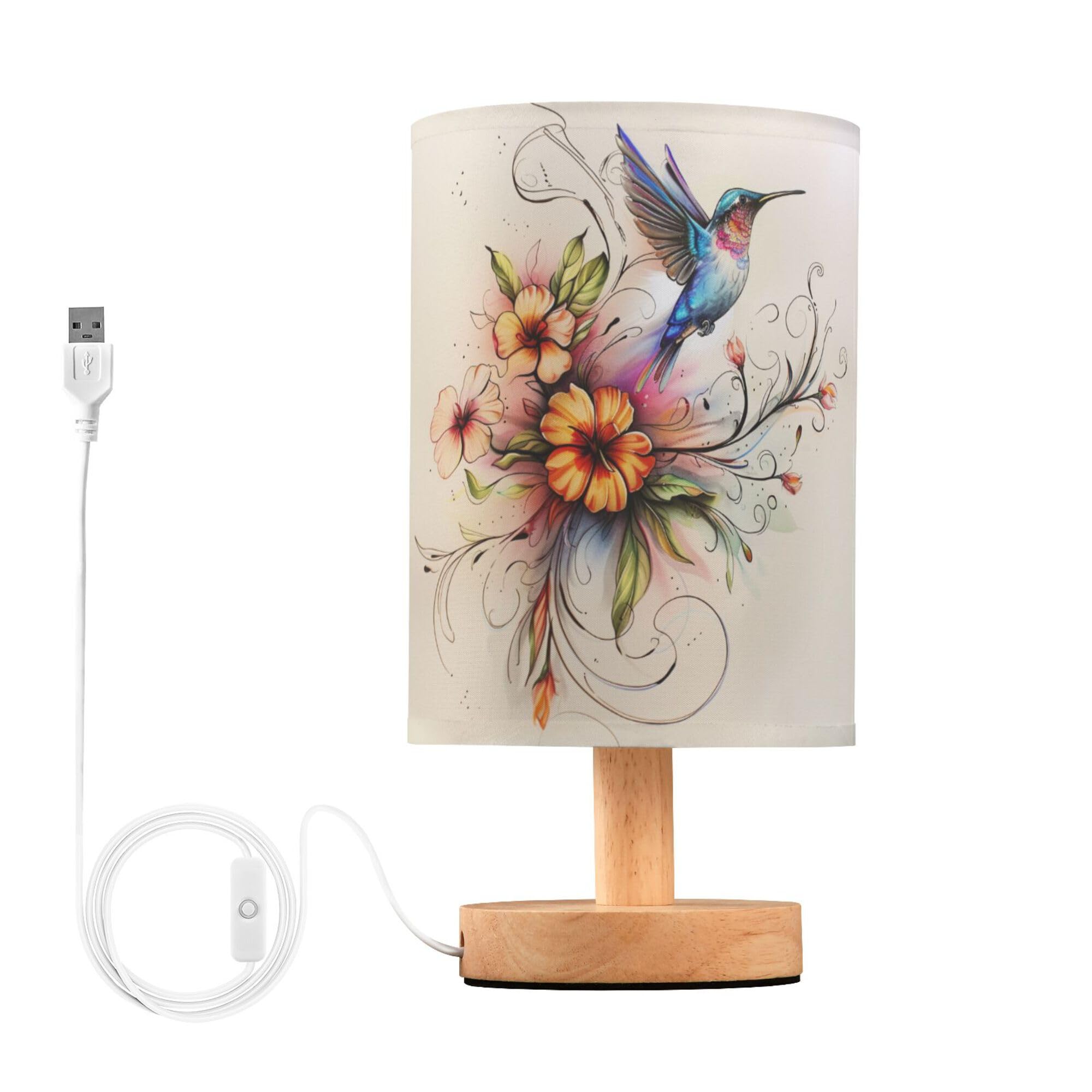 YYZZH Table Lamp Hummingbird Floral Flower Nightstand Lamp with Wood Base Fabric Lamp Shade Bedside Desk Lamp for Living Room Be