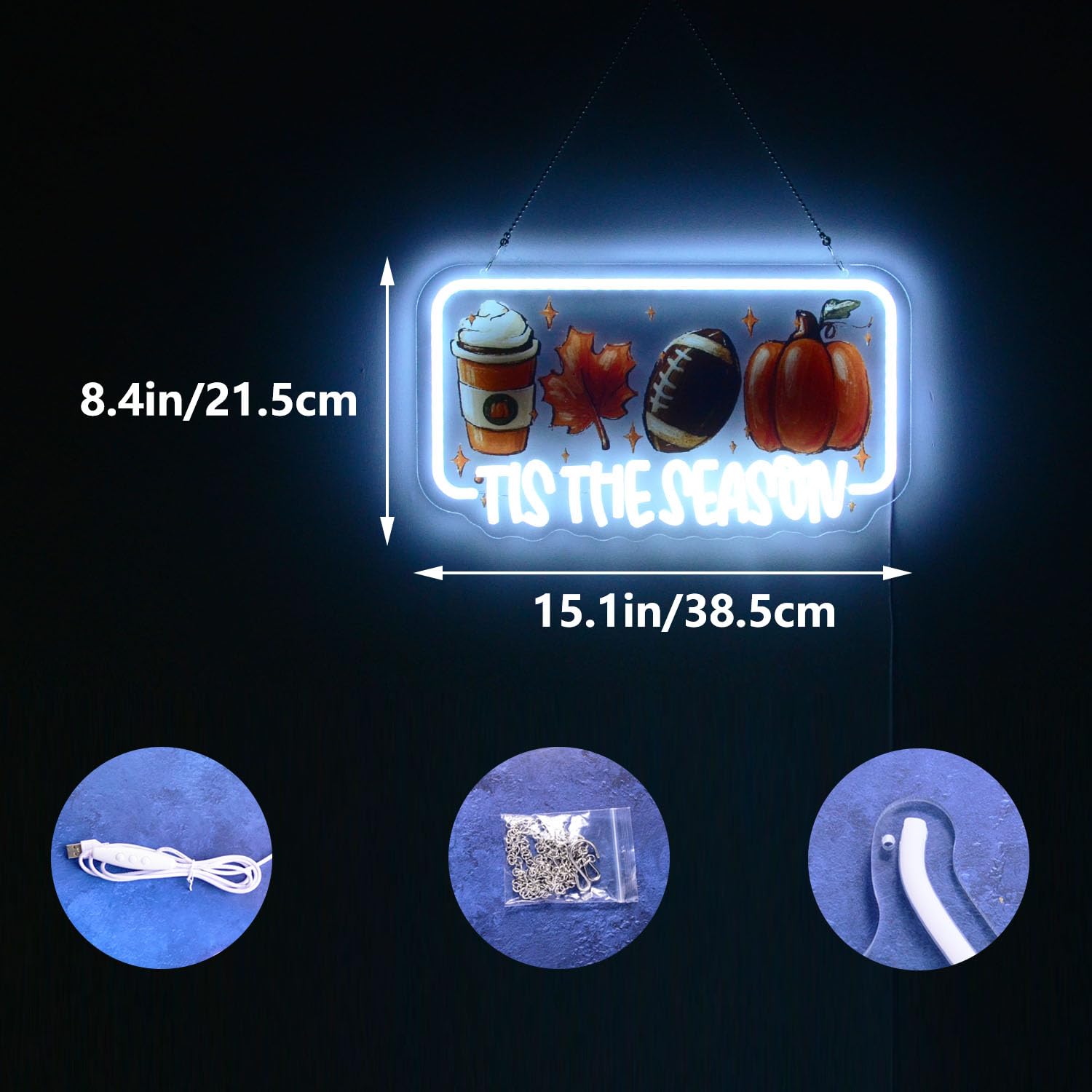 Tis The Season Neon Lights Latte Coffee Maple Leaf Football & Pumpkin Led Sign Inspirational Led Wall Art For Christmas Halloween Thanksgiving Sports Fan Cave Fall Decor Home Bar Or Cafe