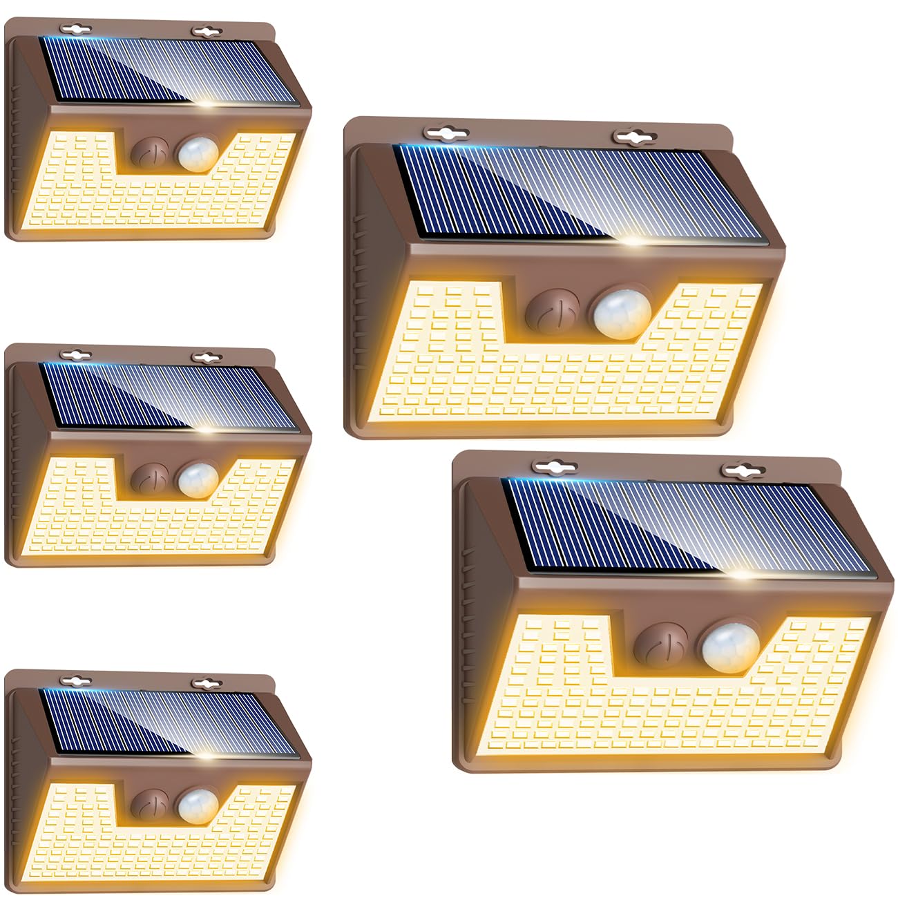 Peasur Solar Outdoor Lights, 5 Pack 140 LED, 3000K Warm Light, Motion Sensor, Waterproof, Brown Frame