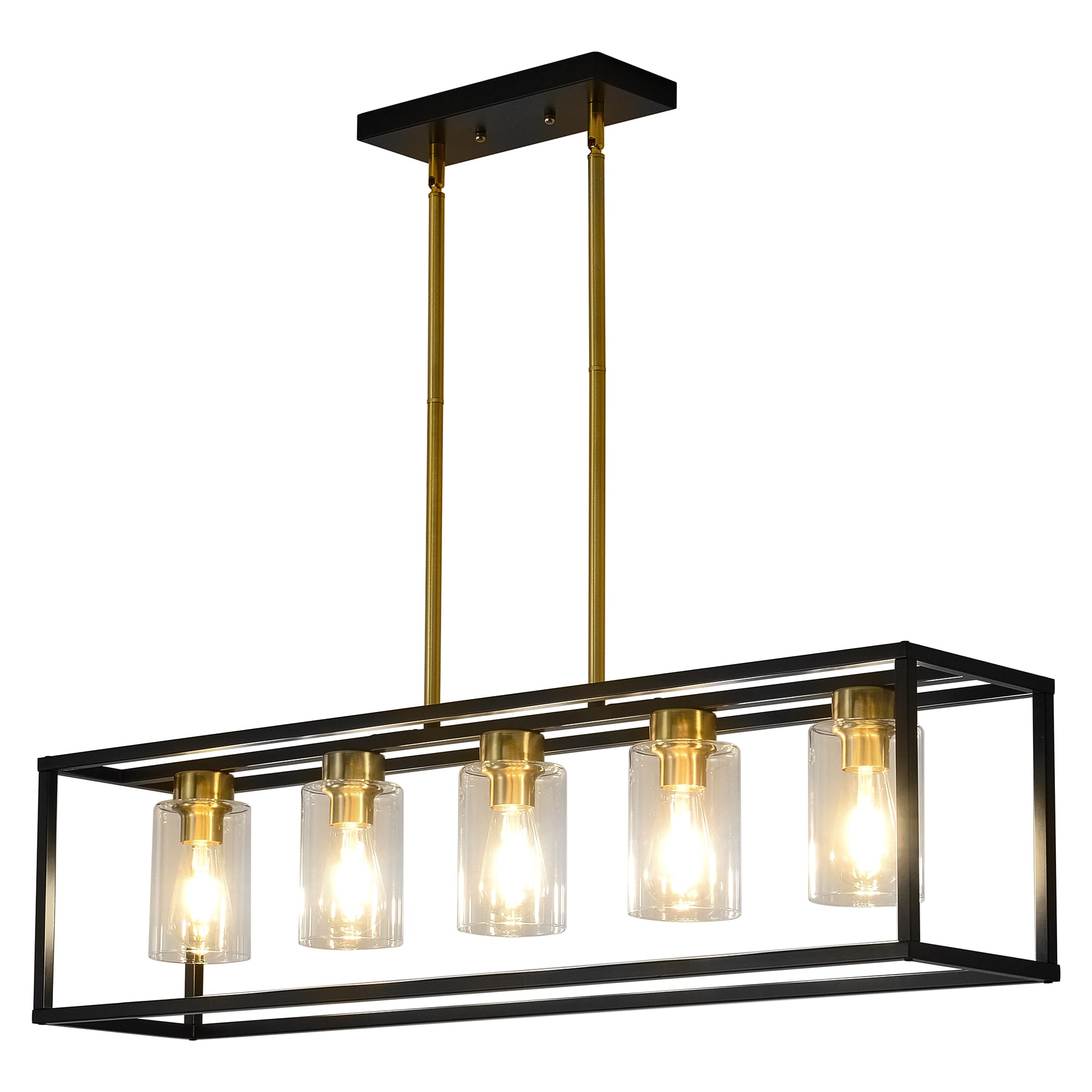 XILICON Brushed Brass+Black l Dining Room Chandeliers Lighting Fixture Linear Pendant Modern 5-Light with Glass Shades Vintage F