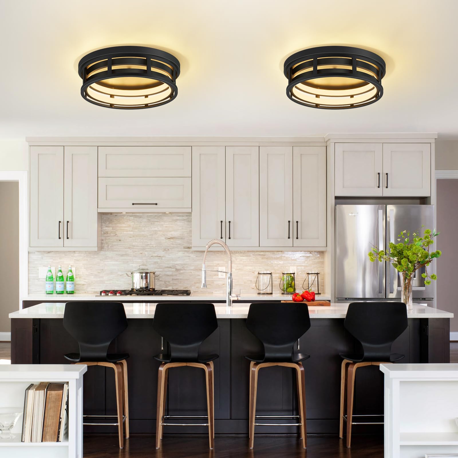 ZHU YAN LED Flush Mount Ceiling Light Fixture, 13in, Black, 3 Color Selectable, Model D0908, 2 Pack