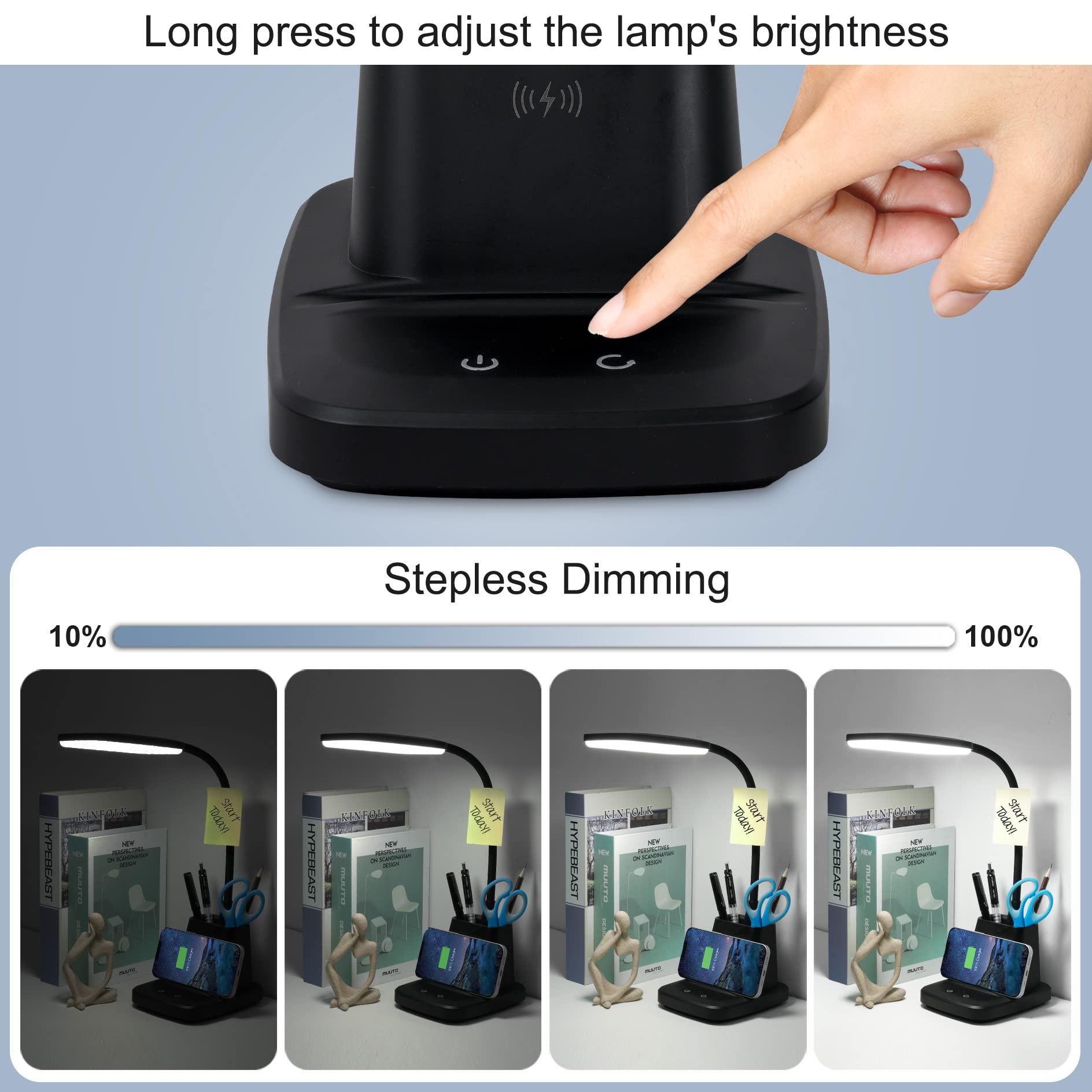 Sailstar LED Desk Lamp with Wireless Charger, 3 Color Modes, Stepless Dimming, Black, Acrylic, 800 Lumen, Ideal for Home Office and Dorm Room