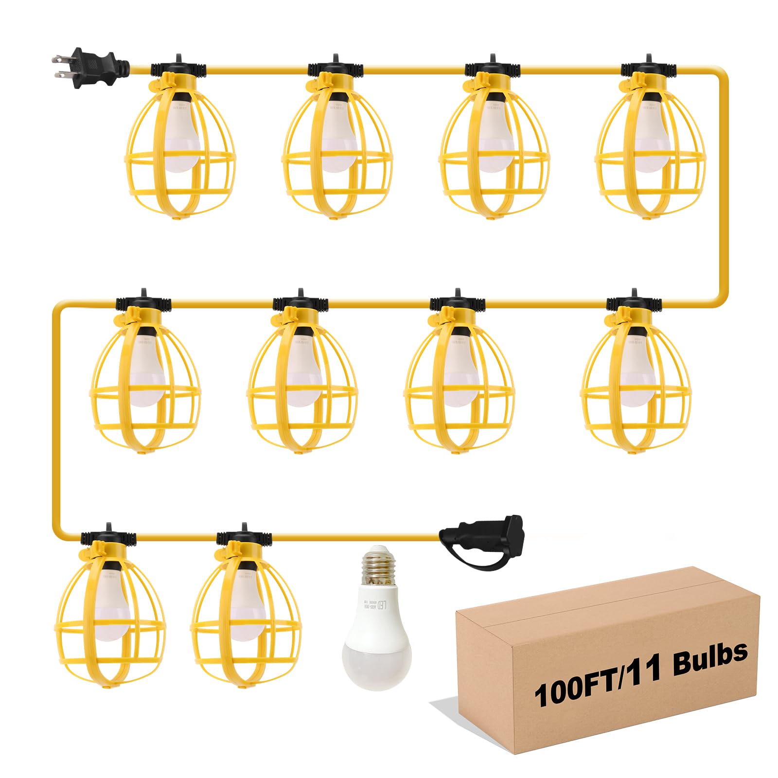 Yaoledly 100Ft Construction String Lights, 100W 11 Bulbs Work Lights With E26 Base, Construction Lights Ip65 Waterproof, 8000Lm 6500K Temporary Lighting For Indoor Workshop, Mine Cave, Job Site