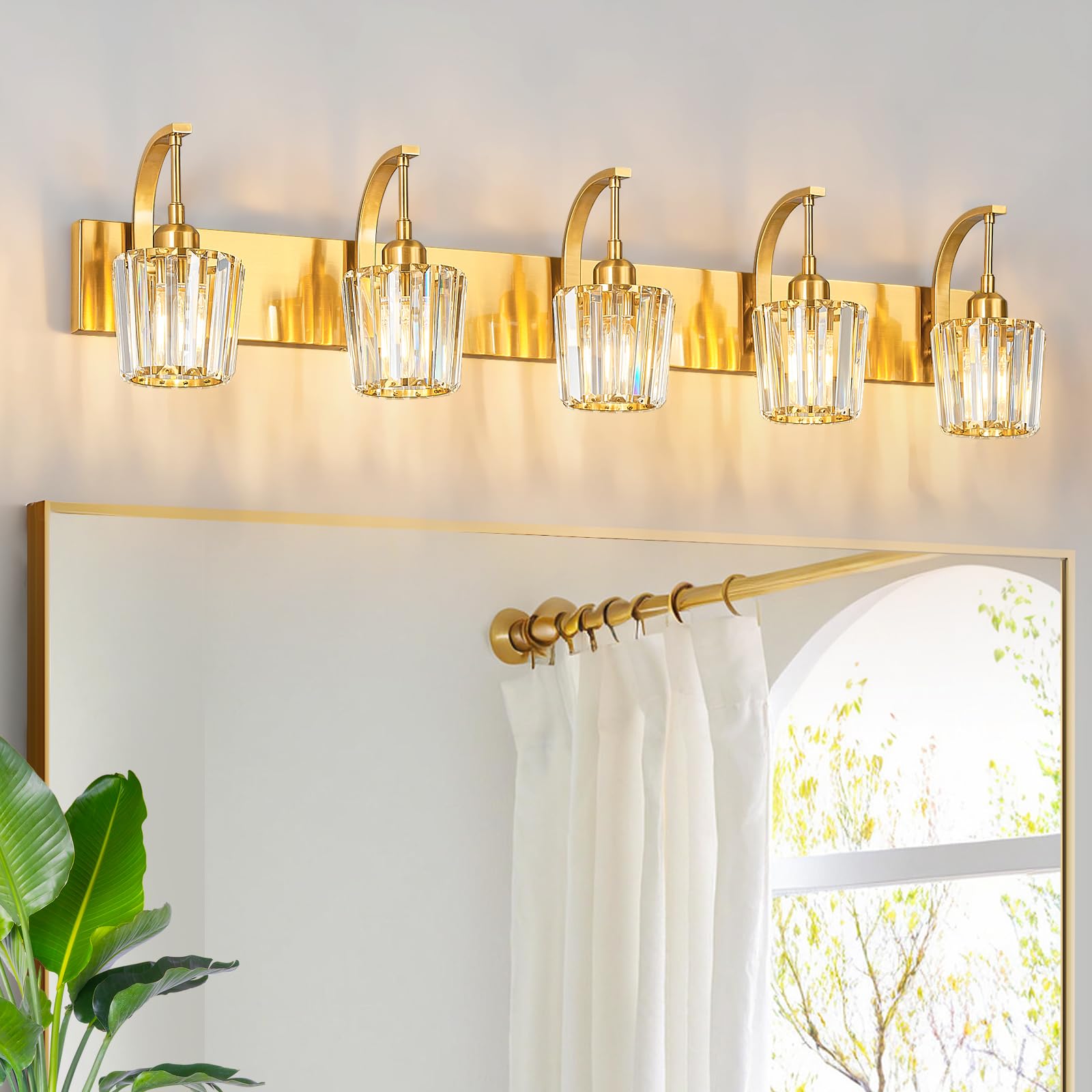 Fdpby Modern Bathroom Vanity Light  5-Light Gold Wall Sconce With Crystal Accents  Over Mirror Bathroom Lighting Fixture  42.52 Long Dimmable Vanity Lamp For Makeup  Easy Installation