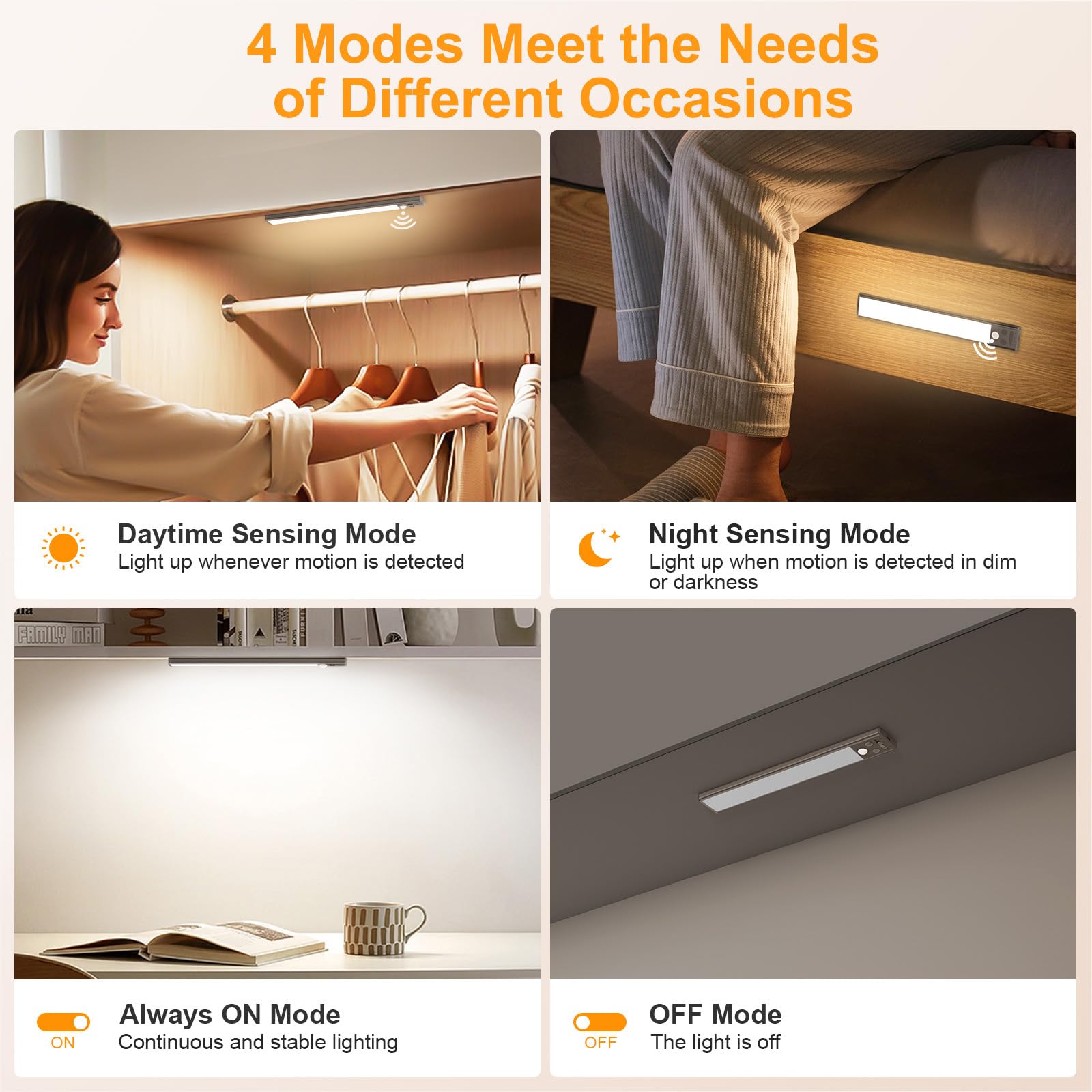 Gritin 10.2Inch Under Cabinet Lighting Rechargeable -84 Led Super Bright 3-Color& 5 Level Brightness 4 Modes Motion Sensor  Long Lasting- Easy Installation Magnetic Closet Lights -2 Pack-Bronze