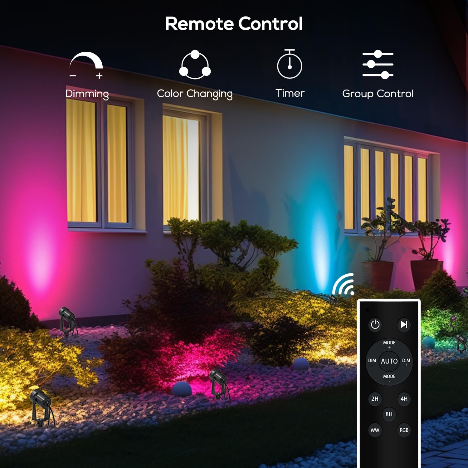 Sunthin Outdoor Landscape Lighting With Remote, Rgbw Color Changing Spot Uplights, 8 Pack