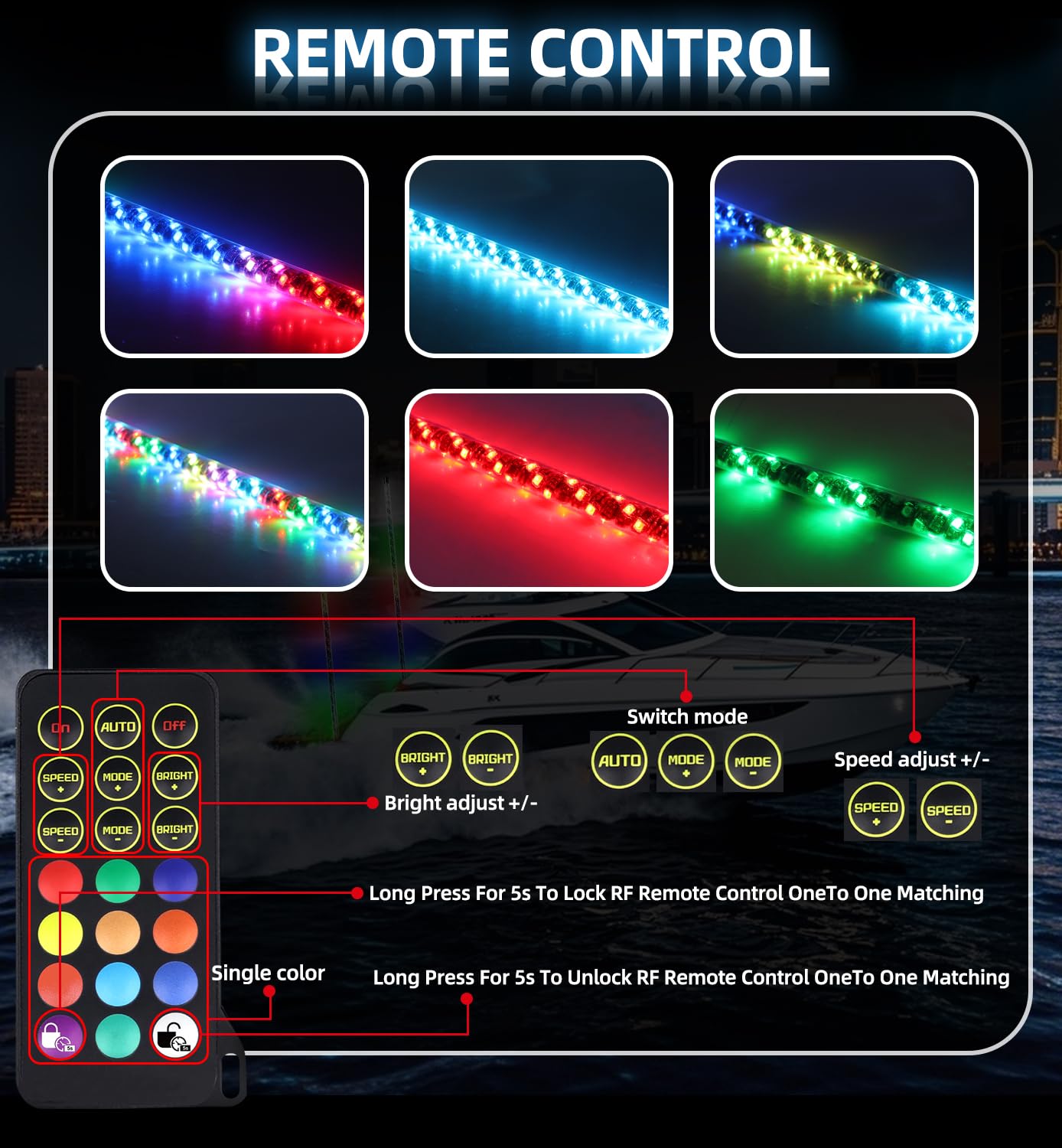 Tavaray 4FT Boat Navigation Lights, 600+ RGB Patterns, Remote Control, 2NM Coast Guard Compliant, Model TVR-WL-4FT-BR-SPIRAL-G