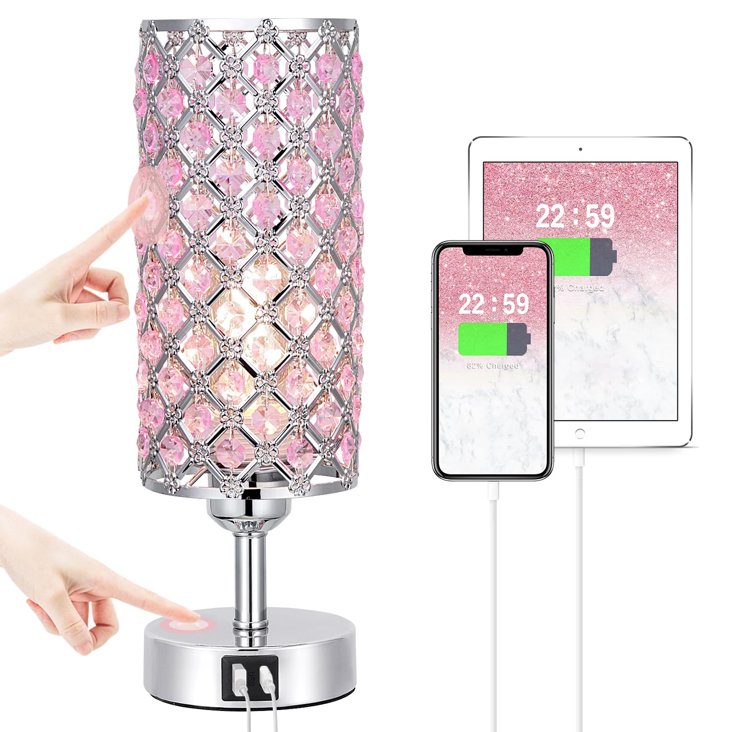 Hong-In Crystal Table Lamp, Pink Touch Lamp With Usb C+A Ports, 3 Way Dimmable Bedroom Light With Crystal Shade, Bedside Nightst