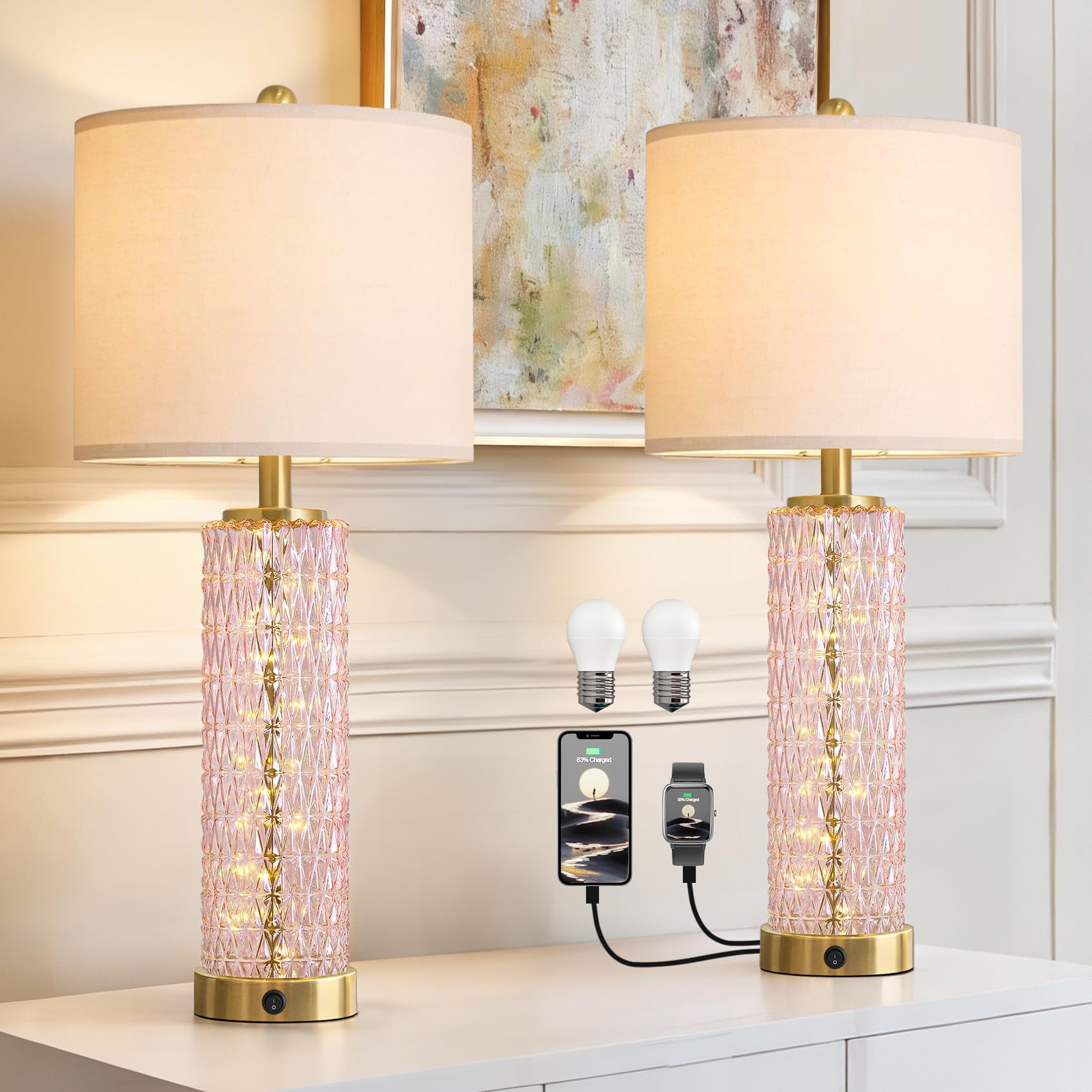 Oneach 27.75 Modern Table Lamps Set of 2  Pink Bedside Lamp with Class Nightlight  USB A+C  Unique Desk Lamps for Living Room  Bedroom  Nightstand  End Table (2 Bulbs Included)