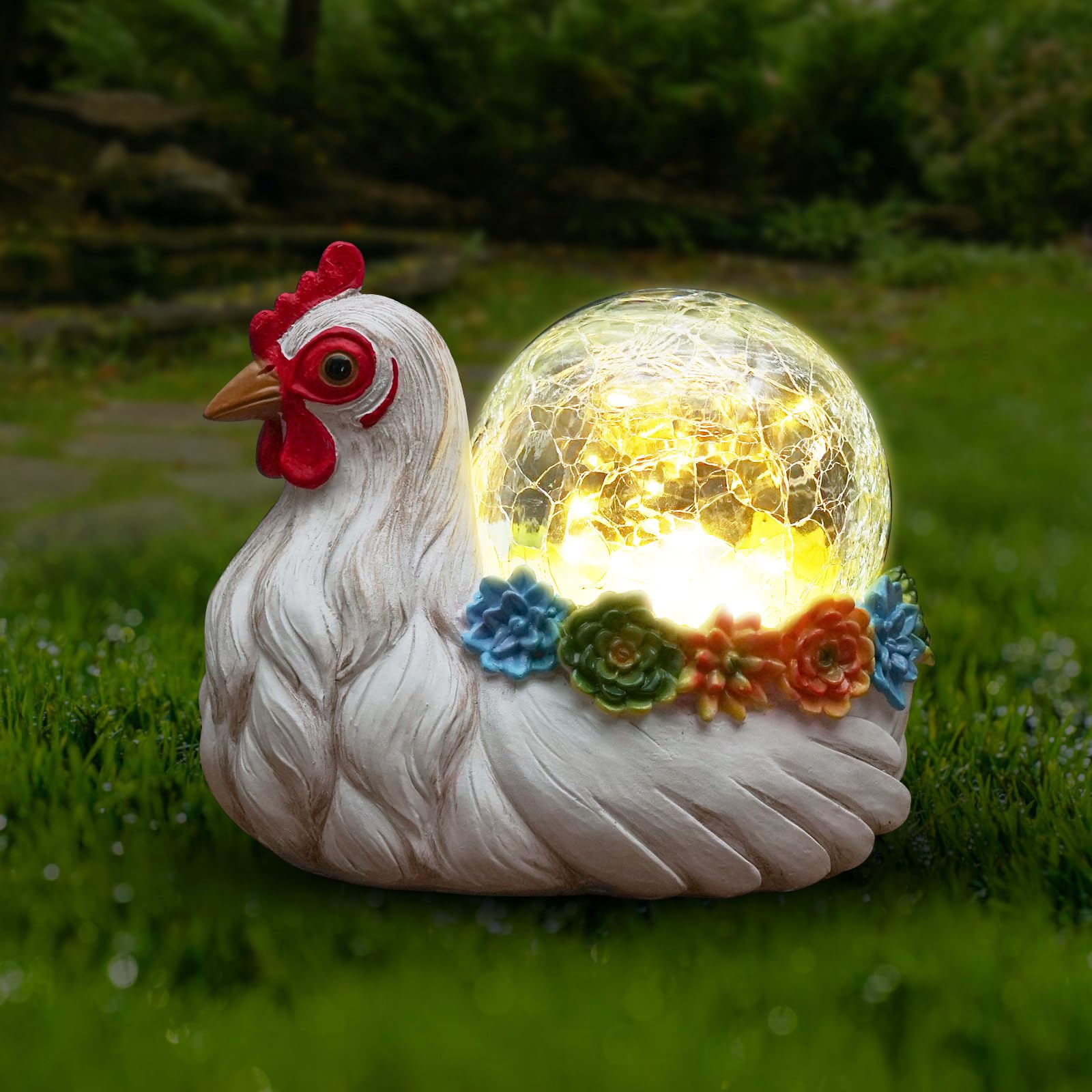 Vasesun Solar Chicken Garden Statue Lights for Outdoor Decor with Cracked Glass LED Rooster Figurine Lighting Resin Succulent He