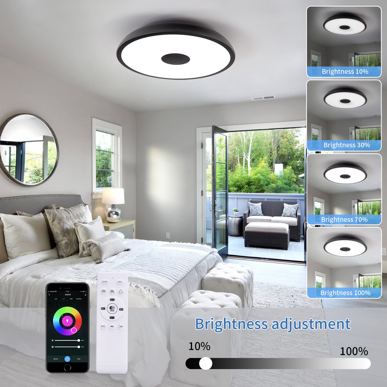 Asall Black Smart Waterproof Led Ceiling Light Fixture,18W,With Bluetooth Speaker,Rgb Color Changing Function-2700K-6500K Dimmab