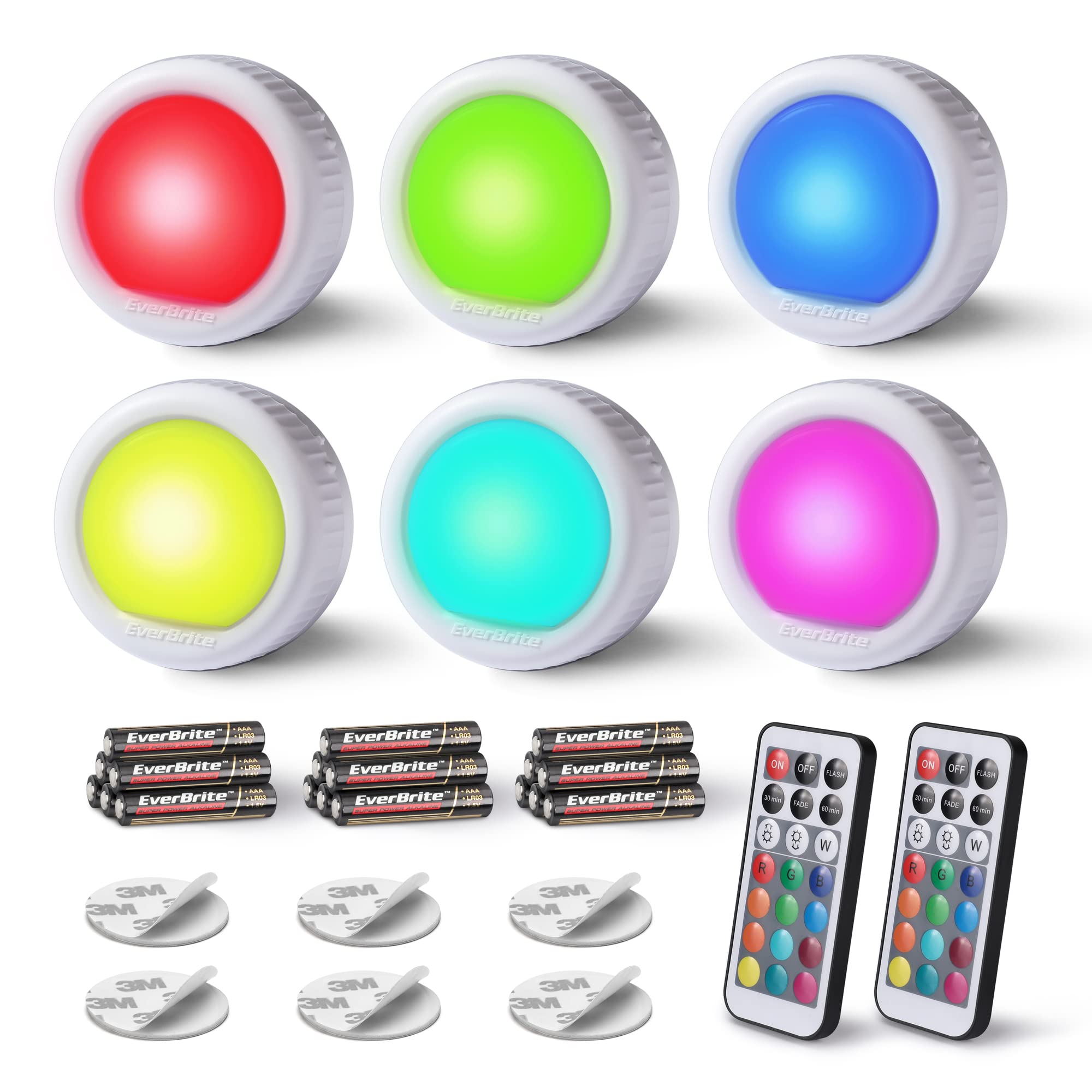 EverBrite LED Puck Lights, 12 RGB Colors, Wireless Touch Light, 80 Lumens, Includes 18 AAA Batteries, 6-Pack