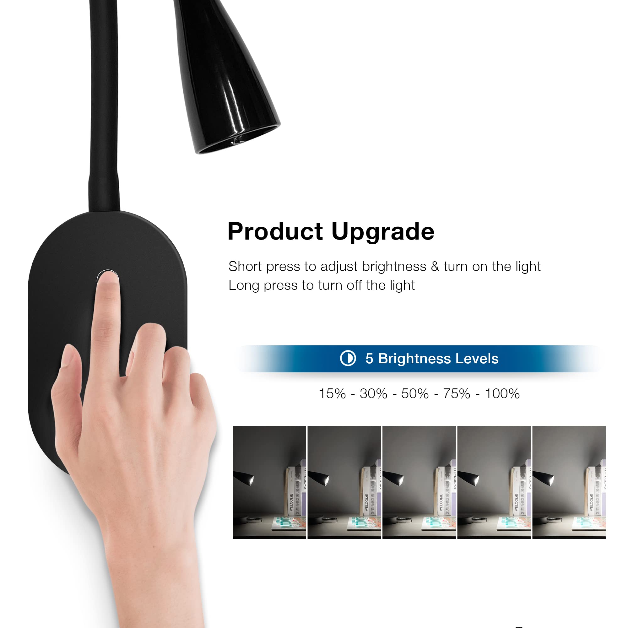 TOPMB Wall Reading Light, Touch Control, 5 Dimmable LED, Gooseneck, Black, Model WD6103-B1