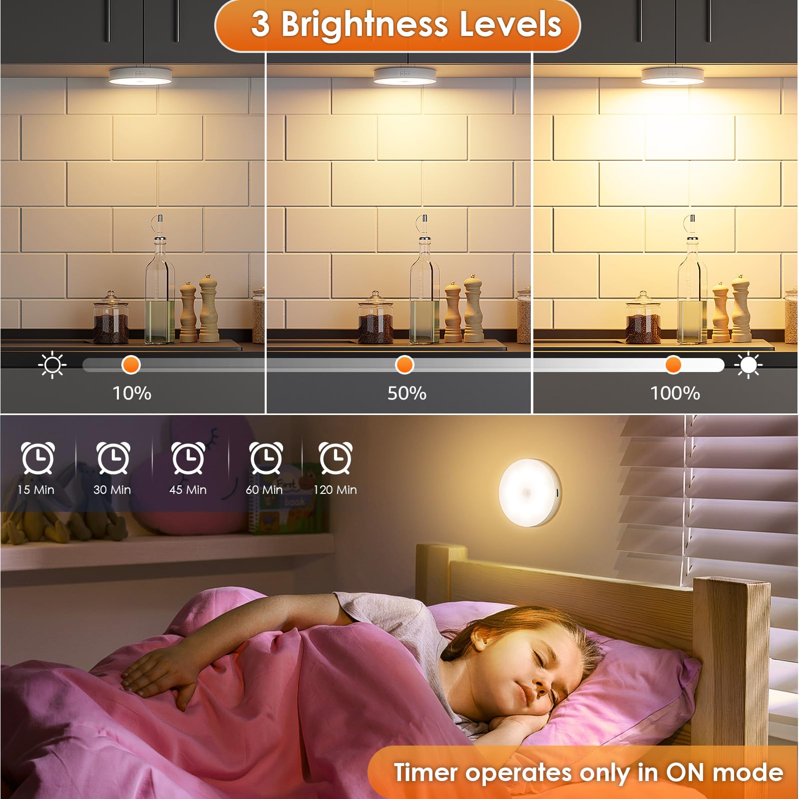 YLXS Motion Sensor Puck Light, Wireless Dimmable Under Cabinet Lighting, 8 Pack, Warm White, Rechargeable, Magnetic